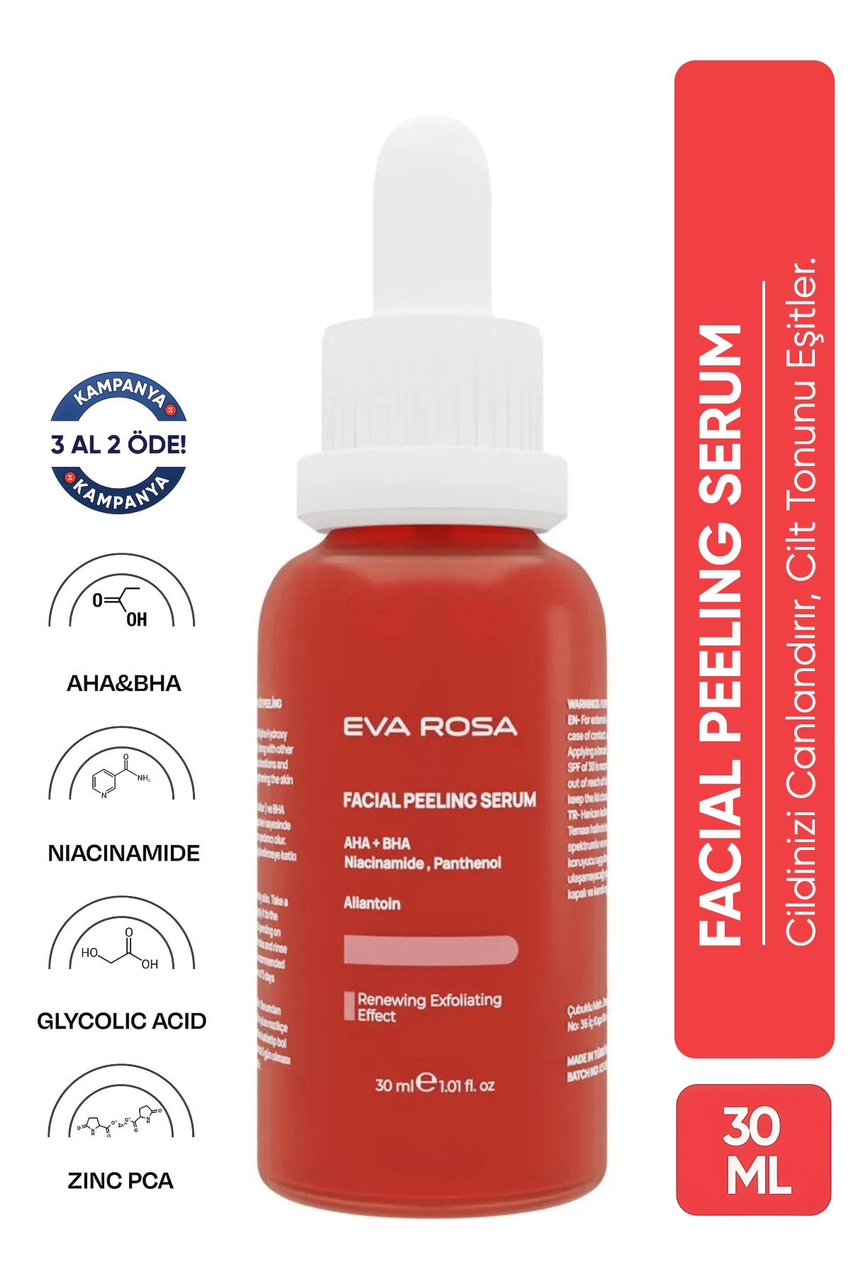 Eva Rosa Aha & Bha Canlandırıcı & Cilt Tonu Eşitleyici Kırmızı Peeling Cilt Serumu 30 ml — kırmızıserum