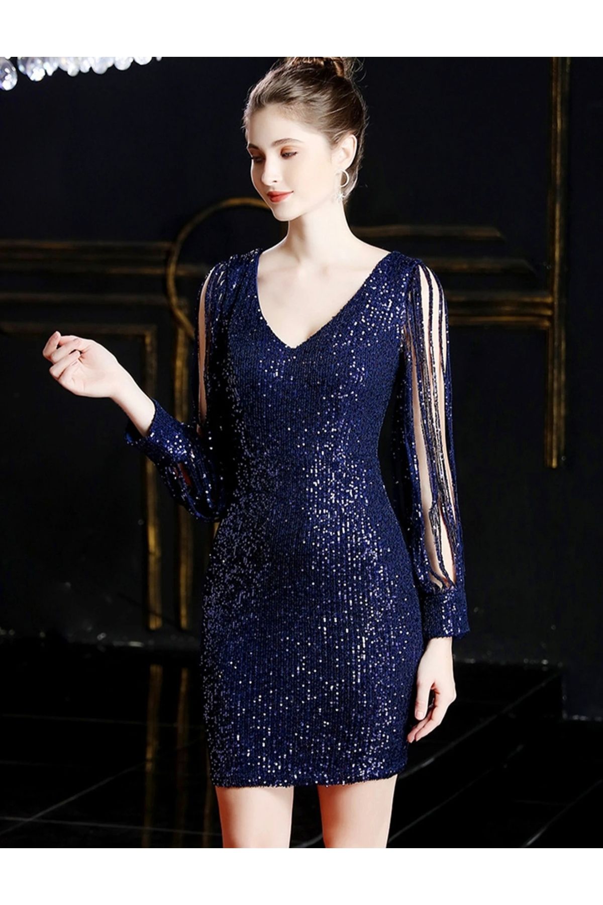 Yedda V Yaka Payetler Blazer Mini Elbise main image 0