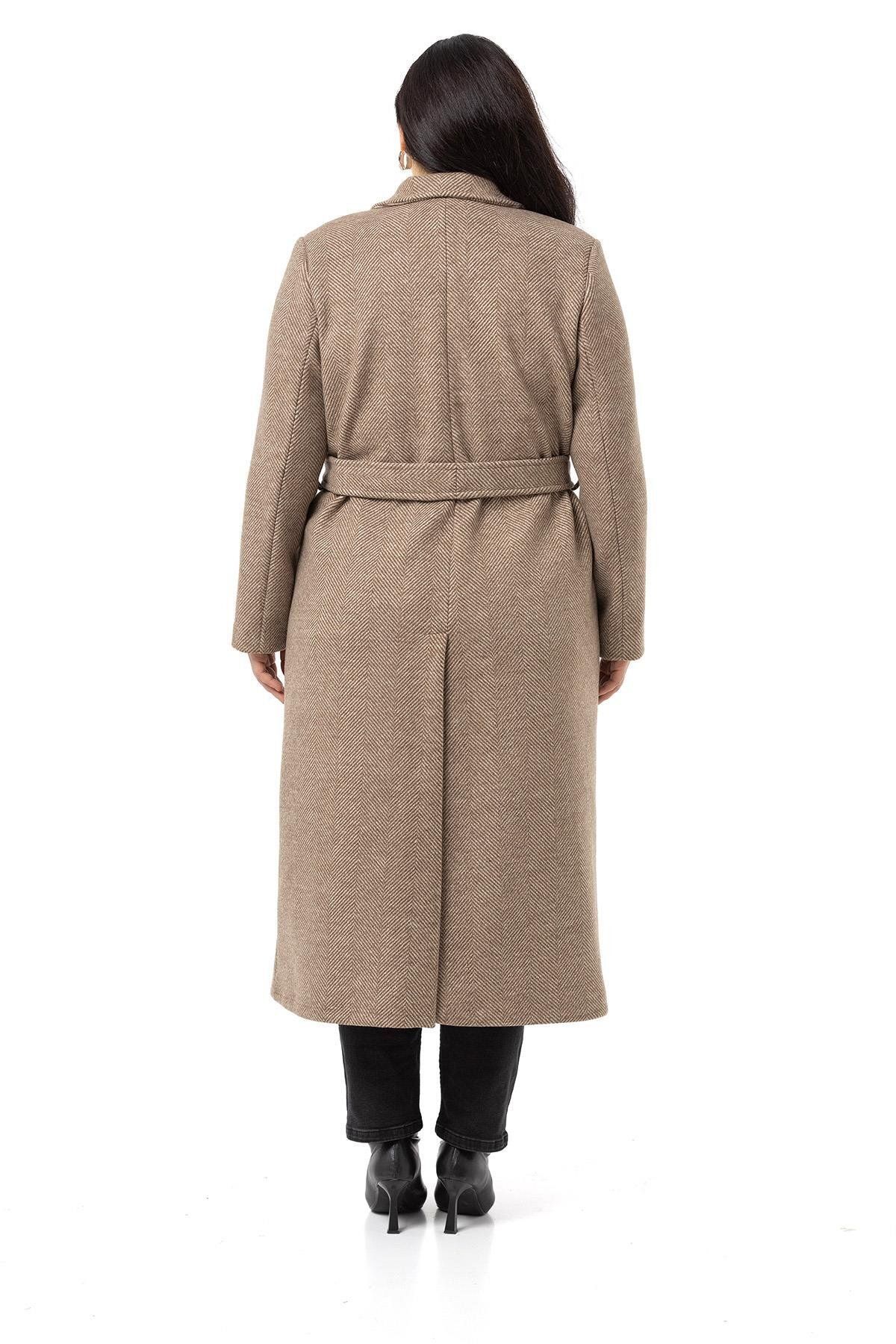 DISENTIS MODEST-Large Size Mink Coat - Buttoned, Belted and Deep Slit Herringbone Lining 3