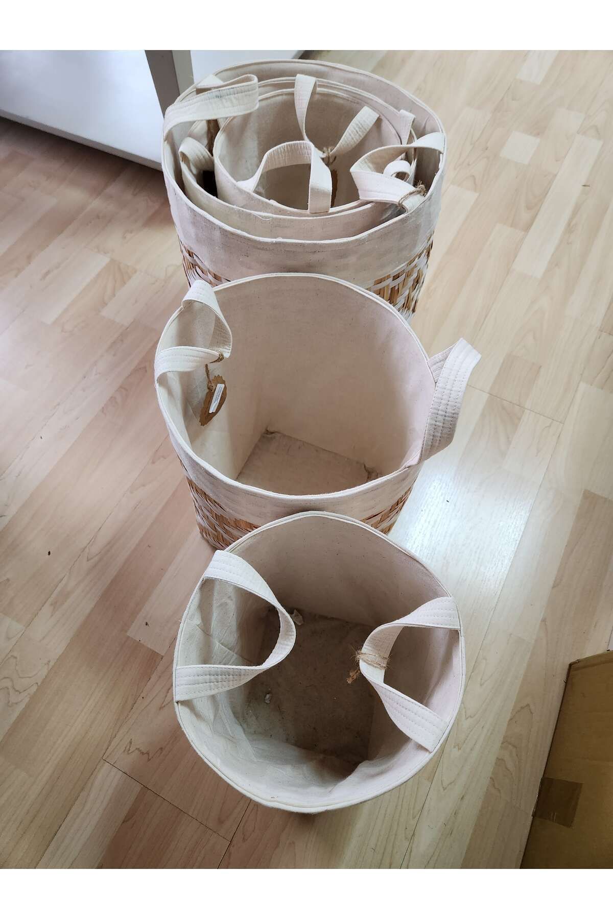 KANCAEV-White Small Deep Basket - with Hard Wicker Handle and Fabric Around 3