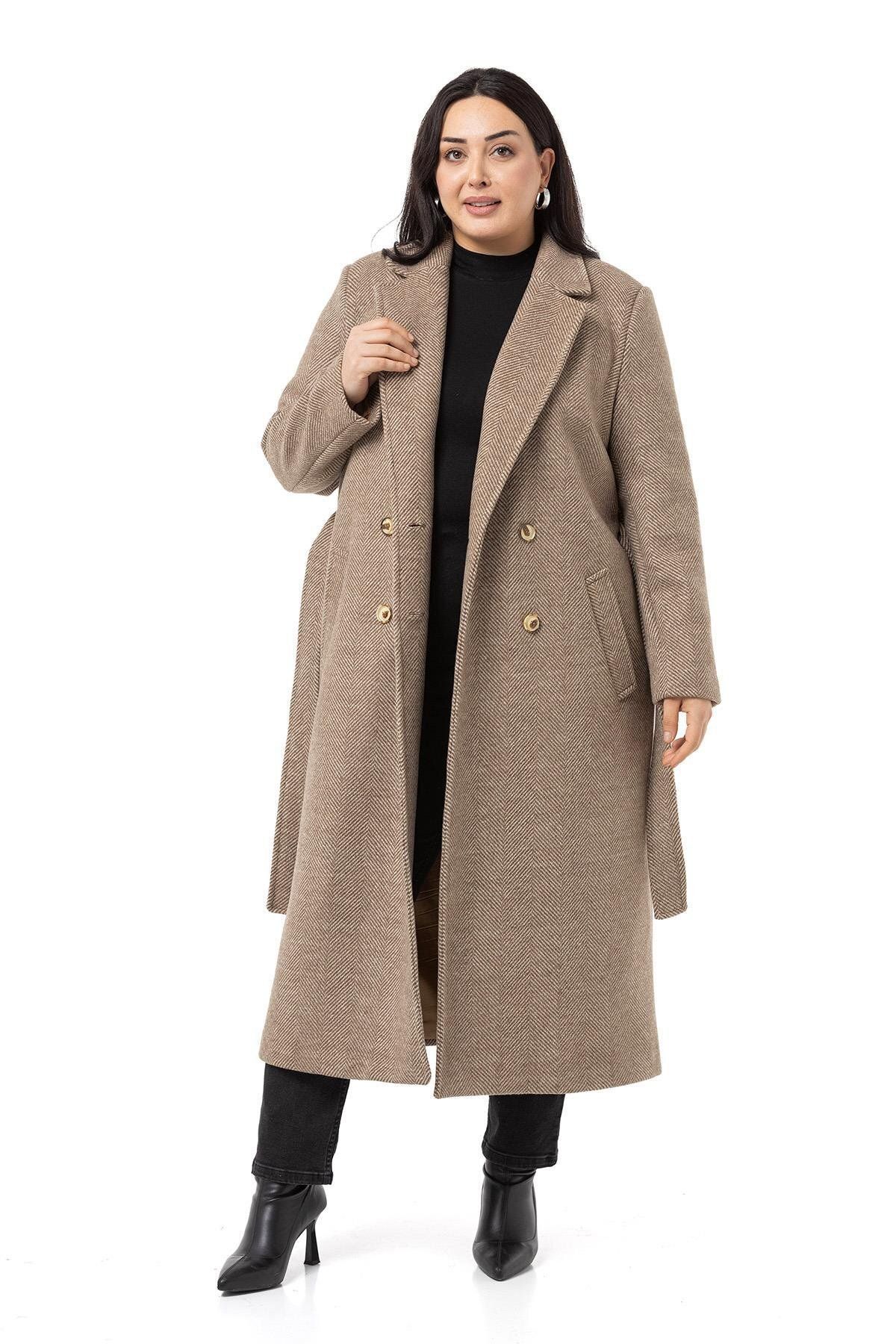 DISENTIS MODEST-Large Size Mink Coat - Buttoned, Belted and Deep Slit Herringbone Lining 1