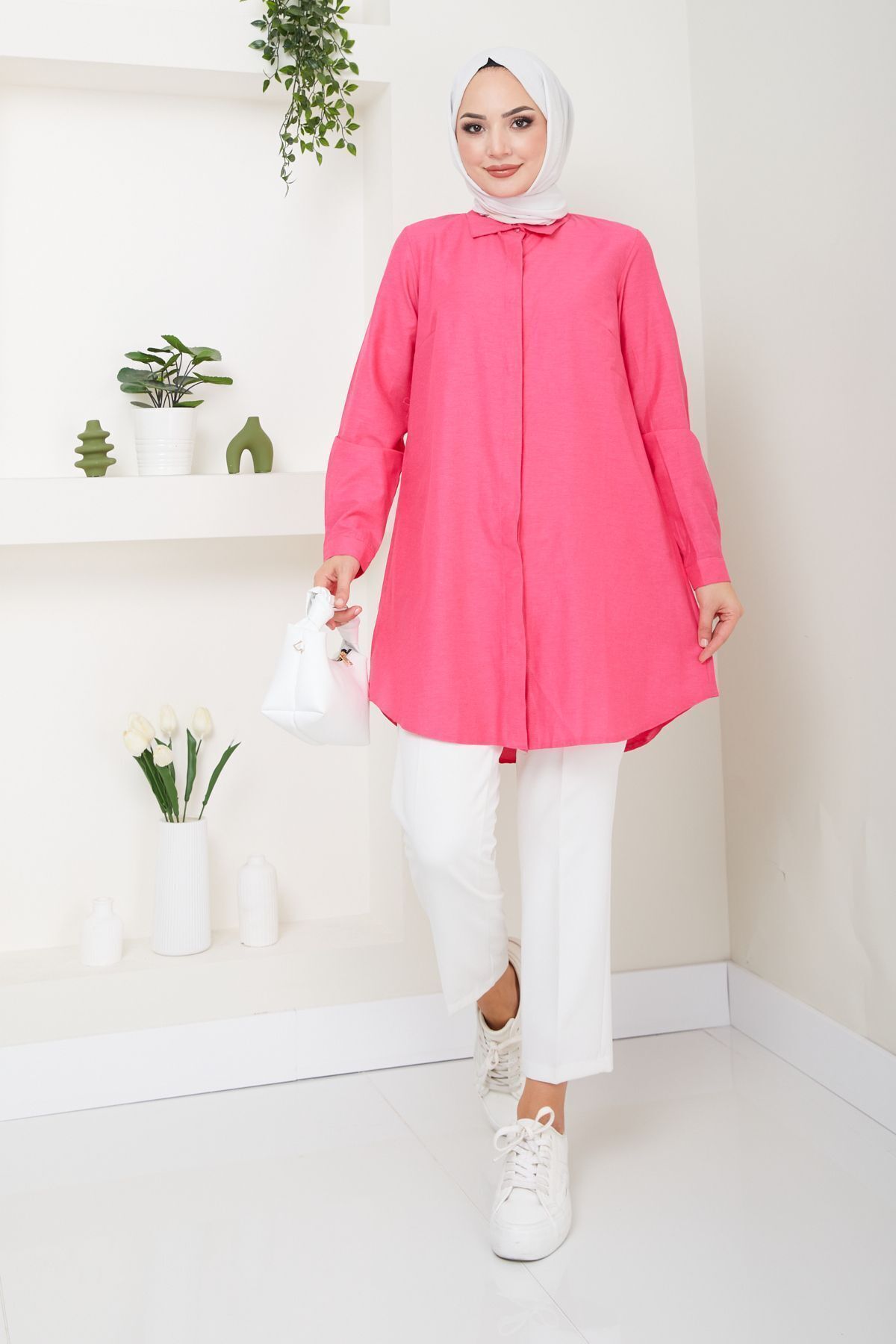 Eliva Kadın Fuşya Terikoton Gizli Düğmeli Boyfriend Tesettür Gömlek