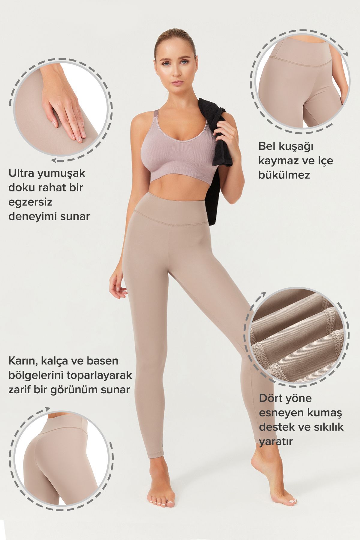 Los Ojos-Beigefarbene Fitness-Leggings mit hoher Taille für Damen – Basics 4