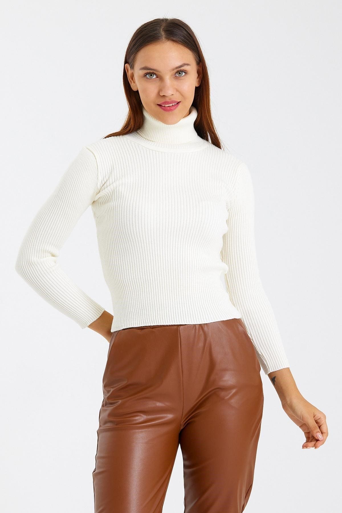 odelon-Turtleneck Ribbed Wool Ecru Knitwear Women's Sweater 2