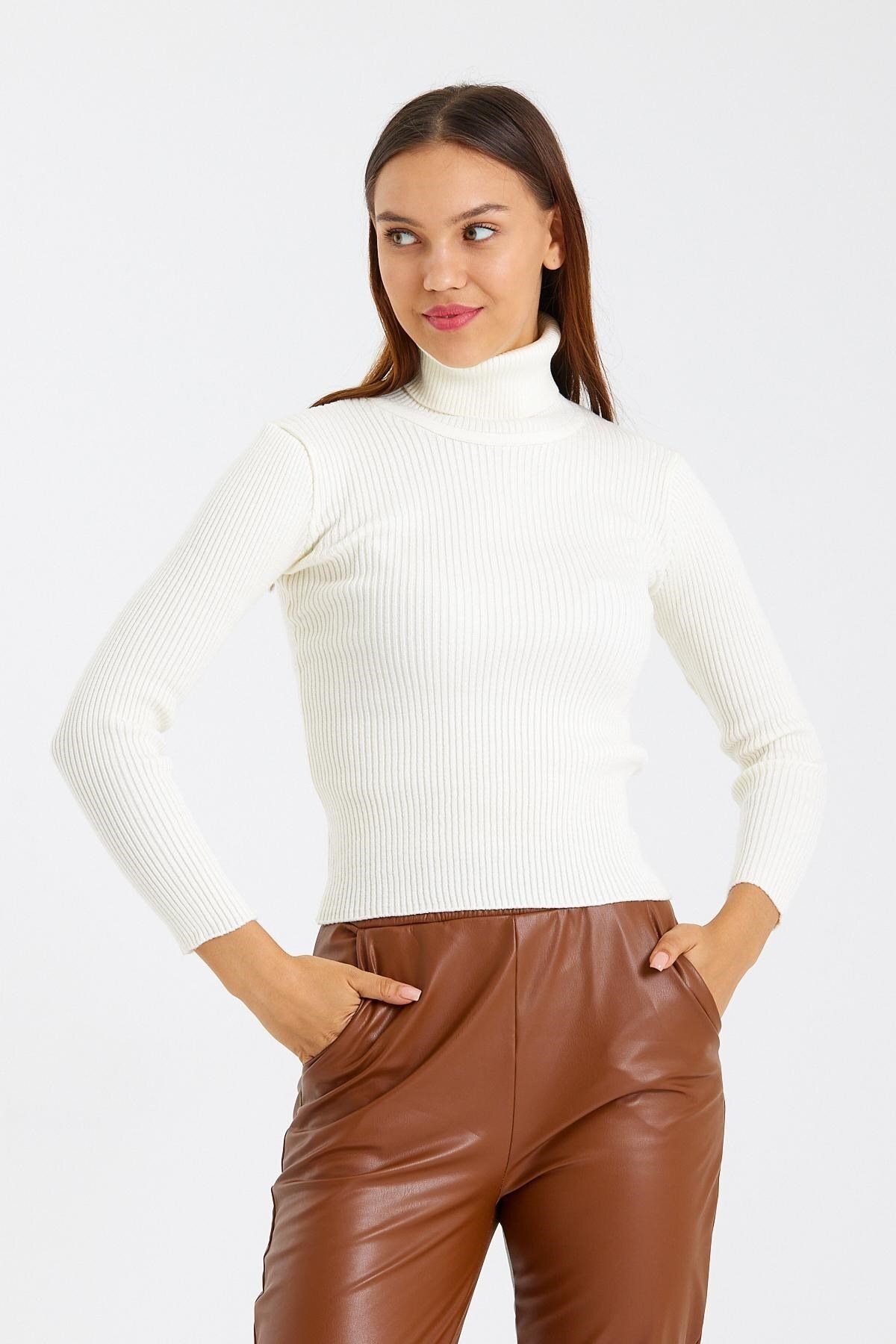 odelon-Turtleneck Ribbed Wool Ecru Knitwear Women's Sweater 4