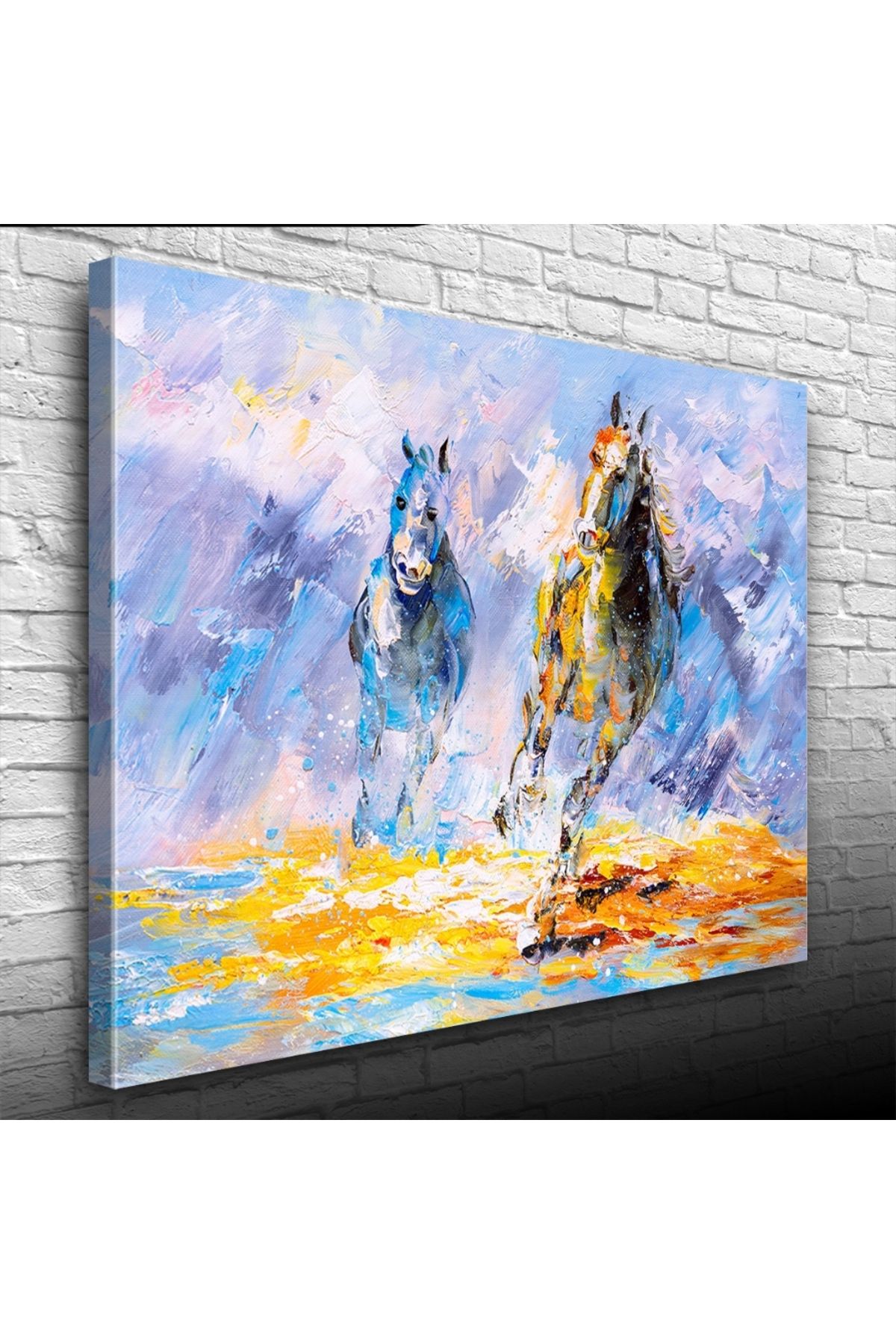 pazarella Dörtnala İki At Sarı ve Mavi Tonlarda Yağlıboya Kanvas Tablo 50 x 70