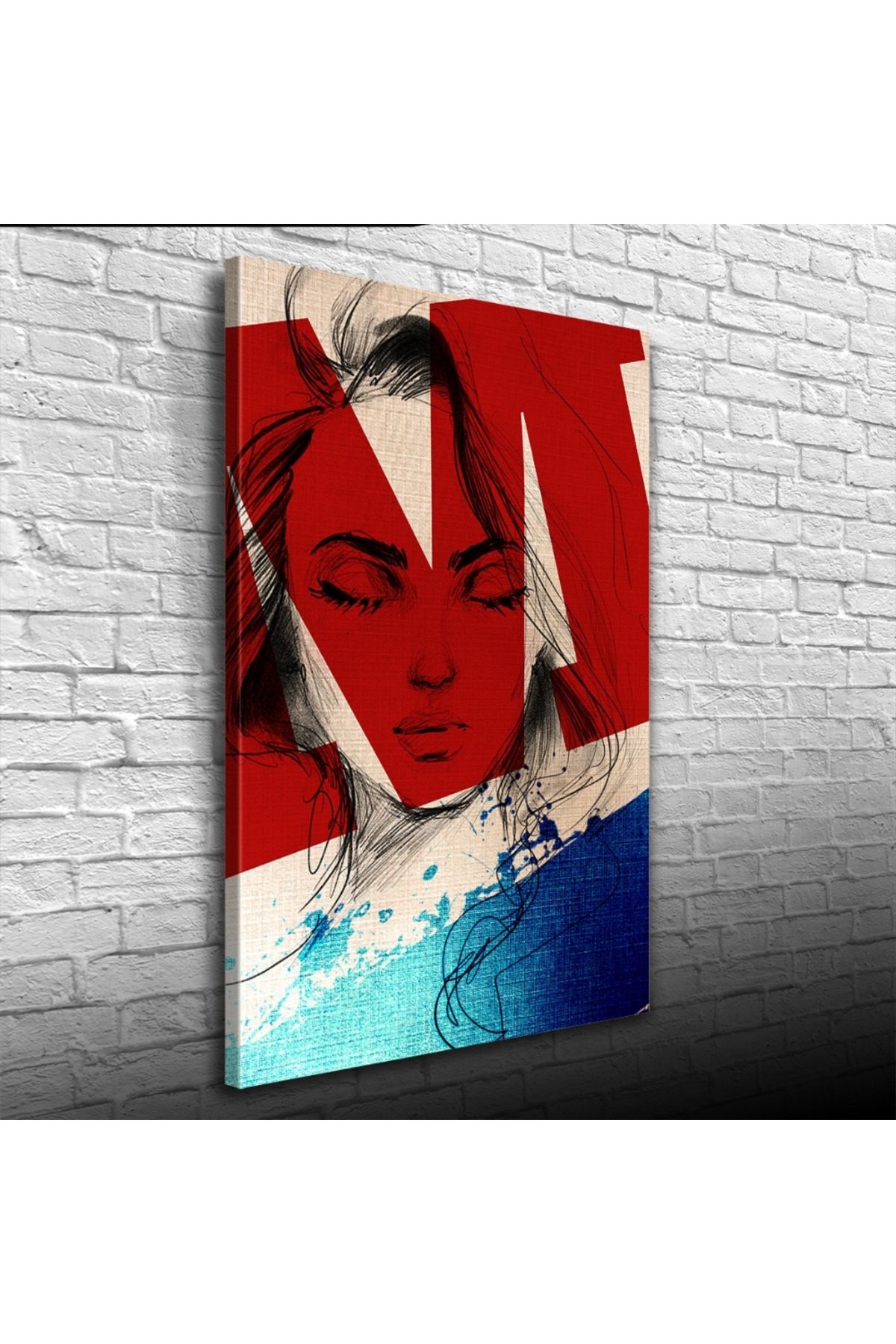 pazarella Kadın Silueti, Kırmızı. Mavi ve Beyaz Tonlarda, Kanvas Tablo 50 x 70
