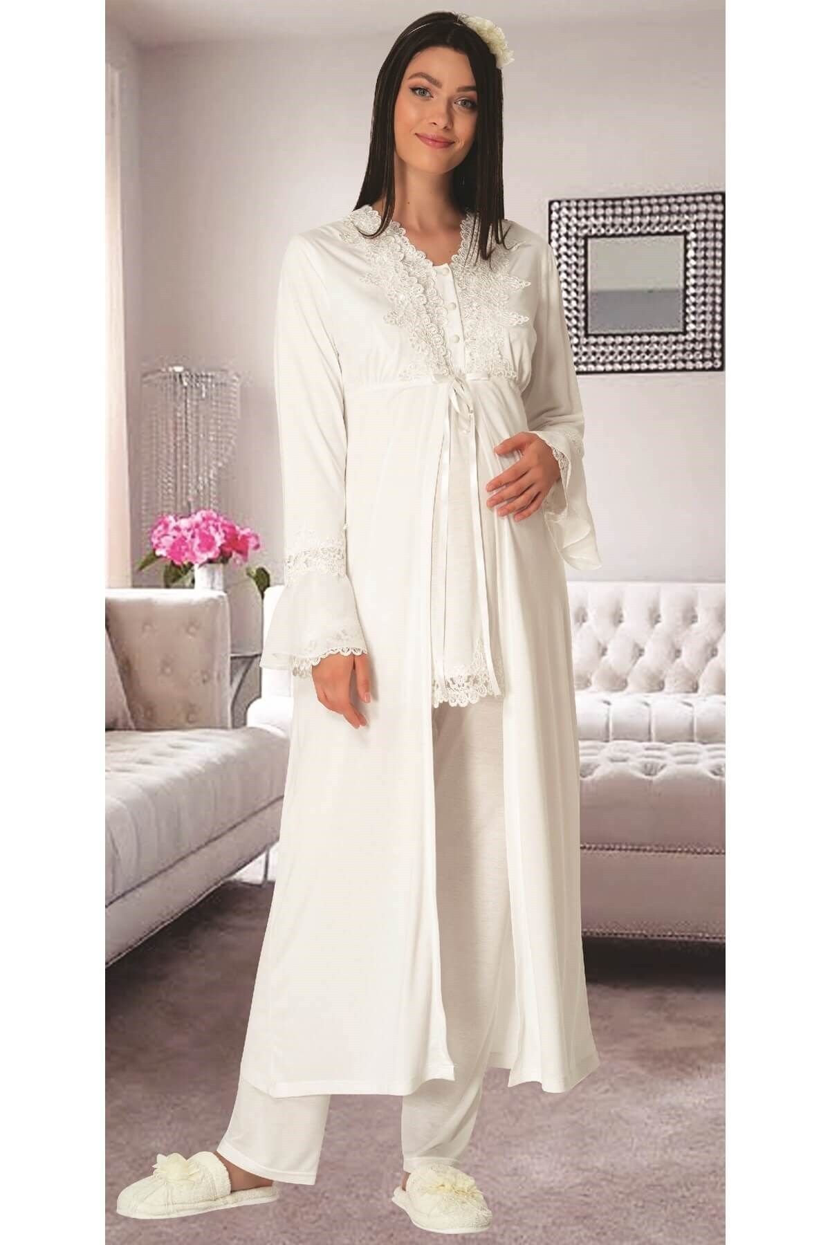 Mecit Pijama-Carpediem L.r1517 طقم بيجامة للحوامل مع ثوب صباحي - إكرو 1