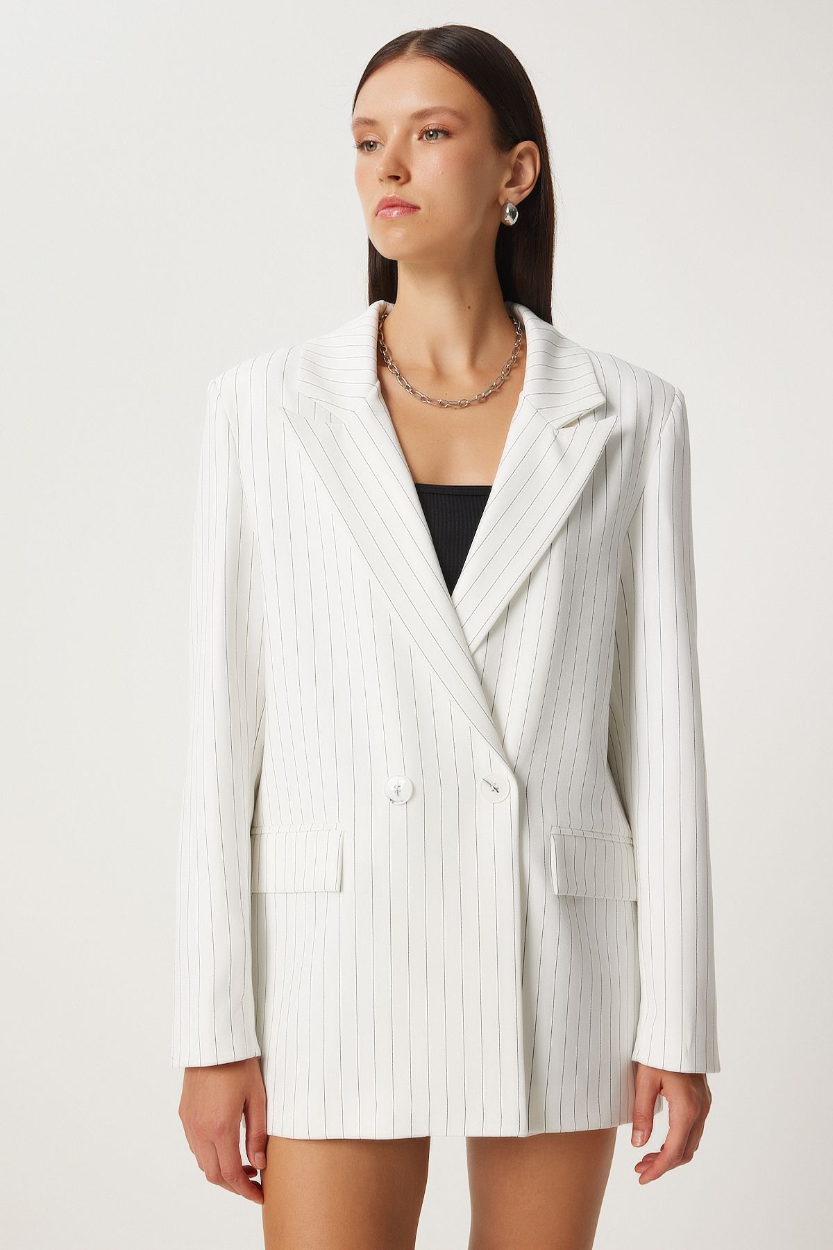 Lovelyİstanbul-Oversize Thin Striped Double Breasted Jacket - Padded, Ecru Lto0029 4