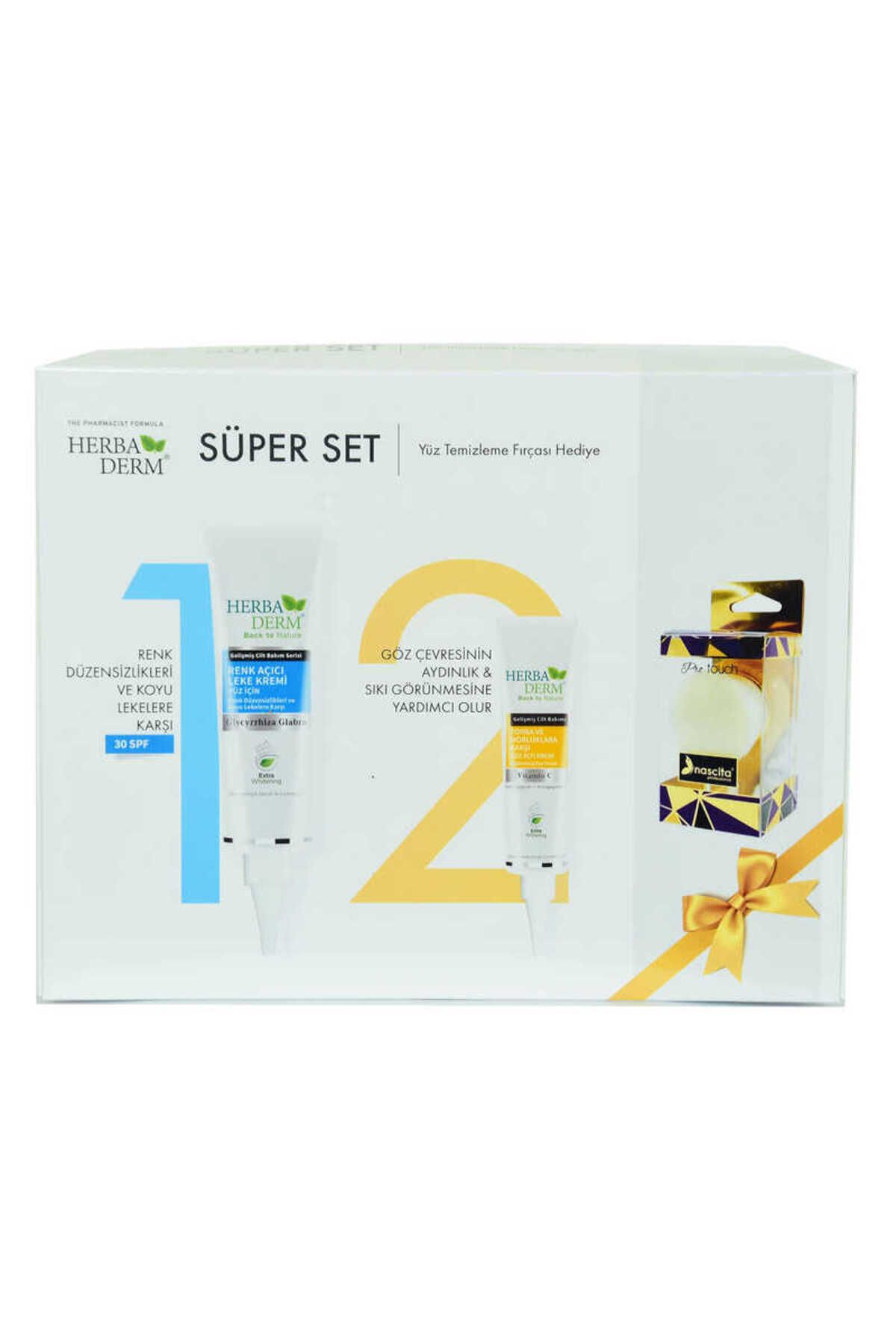 OEM Süper Set Renk Açıcı Leke Kremi 55 ML+Göz Altı Kremi 15 ML + Hediye Yüz Temizleme Fırçası