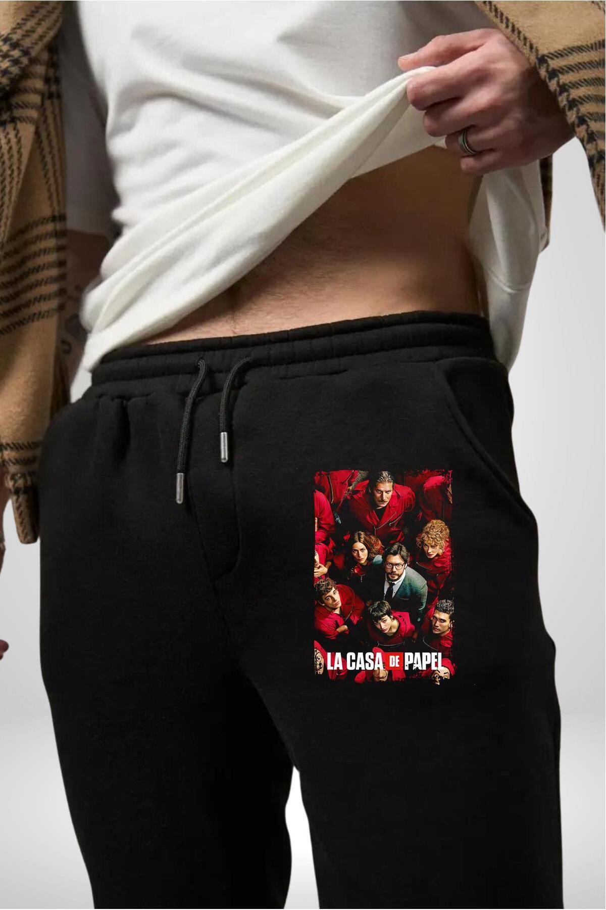 Angemiel-Men's Black Sweatpants - La Casa De Papel Knee Banner 3 Yarn Printed 7