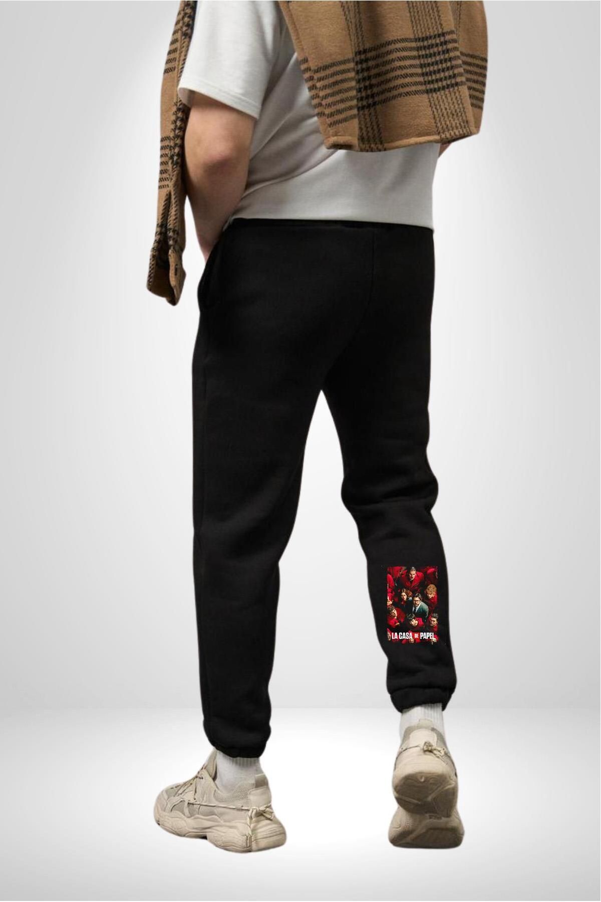Angemiel-Men's Black Sweatpants - La Casa De Papel Knee Banner 3 Yarn Printed 2