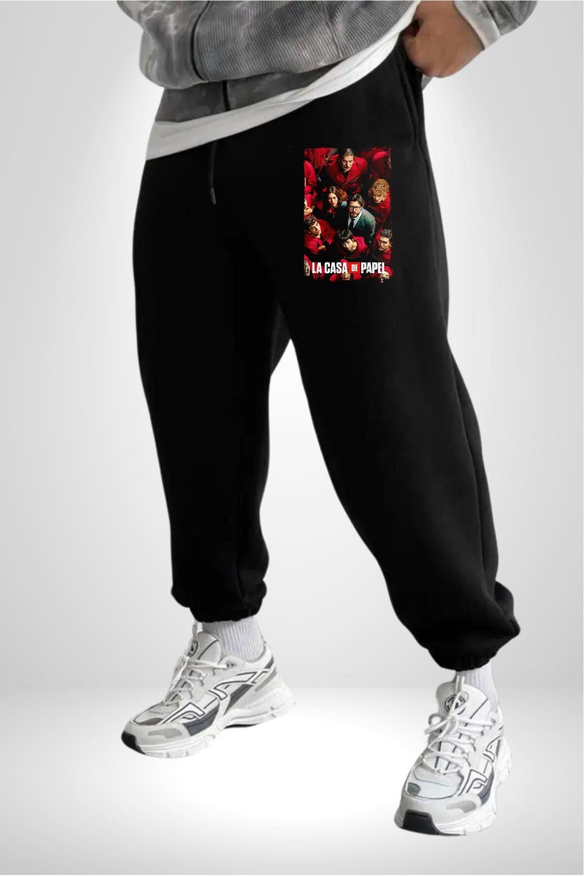 Angemiel-Men's Black Sweatpants - La Casa De Papel Knee Banner 3 Yarn Printed 3