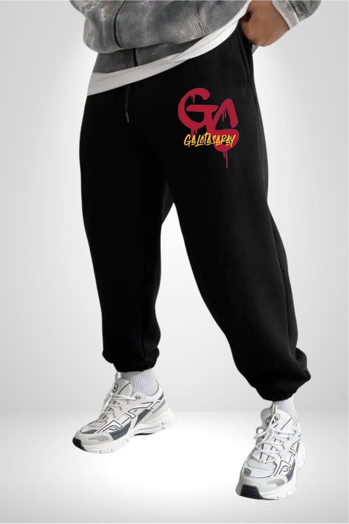 Angemiel-Men's Printed Black Sweatpants - Yellow Red Gs 3 Thread 5