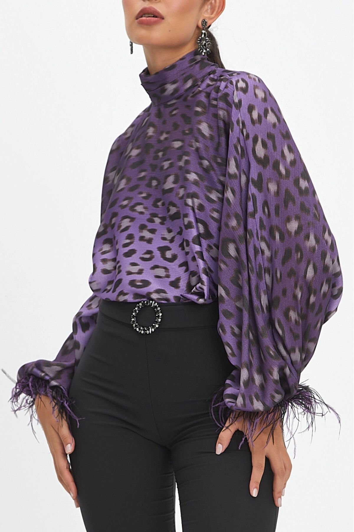 SERPİL-Bat Sleeve Leopard Patterned Purple Blouse with Sleeve Detail 39112 2