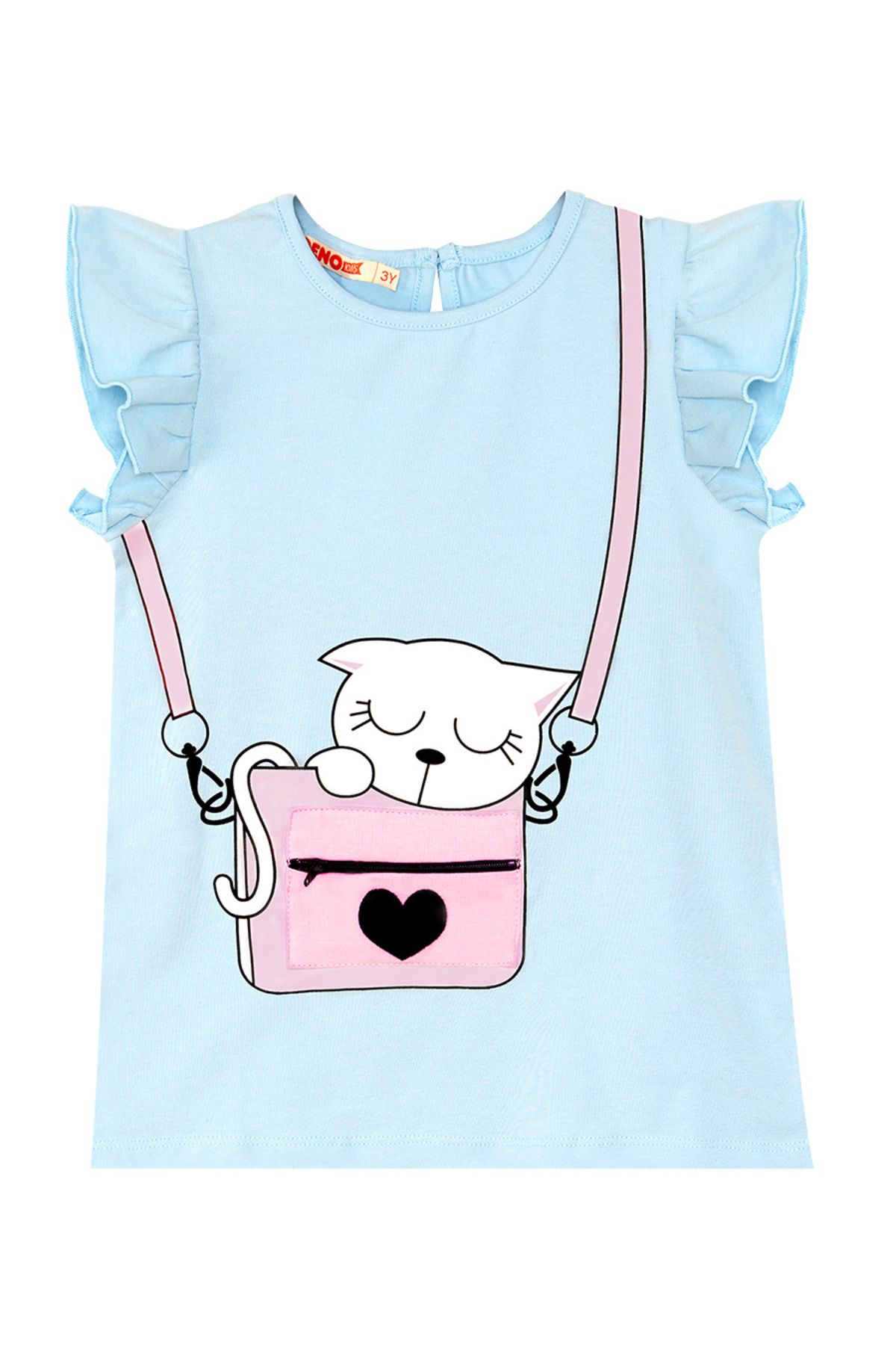 Denokids-Blue and White Summer T-shirt and Leggings Set for Girls - with Cat and Pocket Detail 5