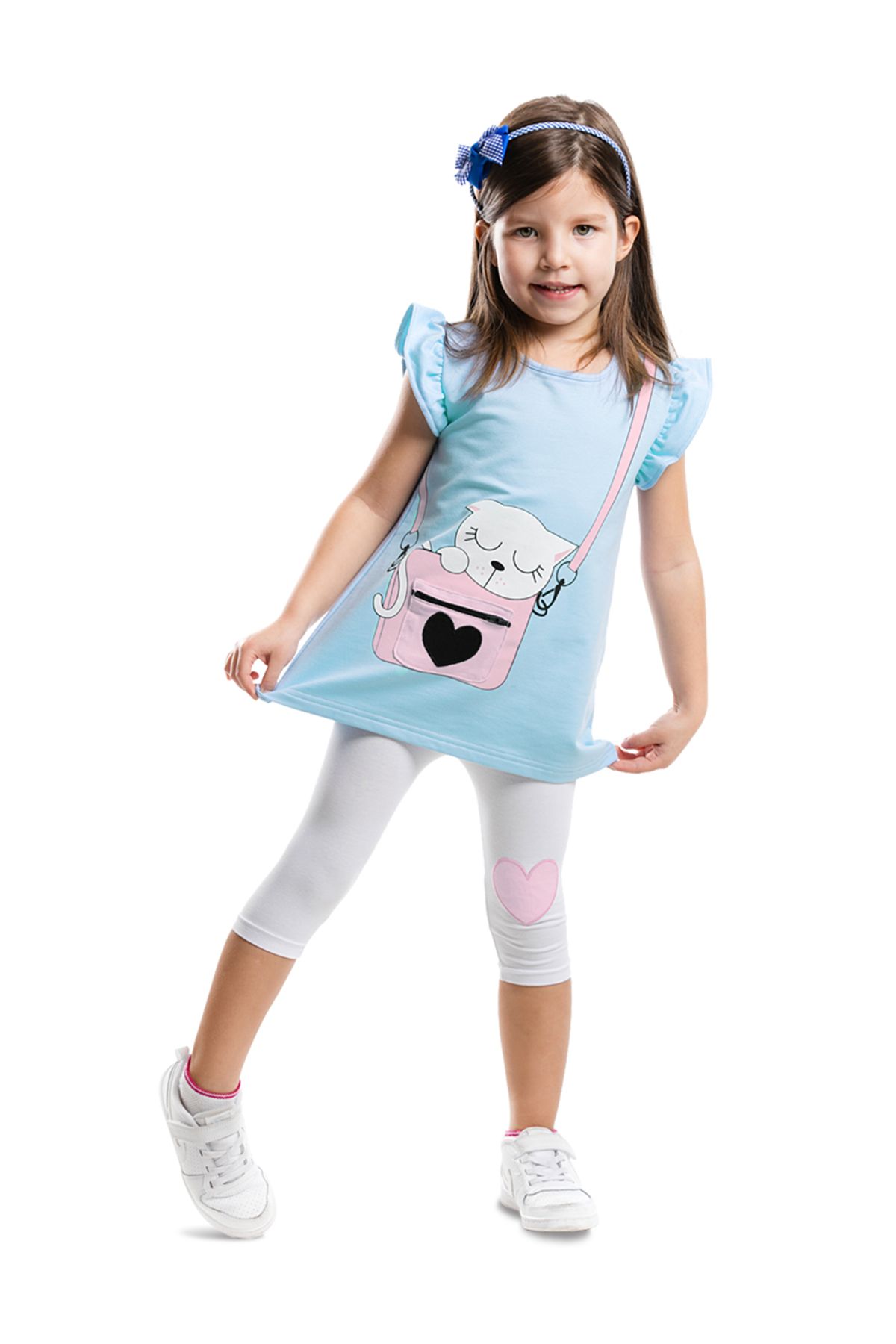 Denokids-Blue and White Summer T-shirt and Leggings Set for Girls - with Cat and Pocket Detail 1