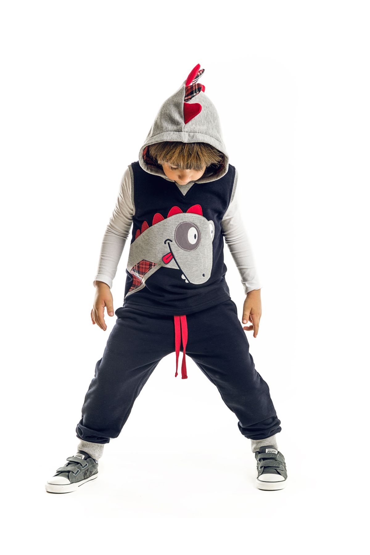 Denokids-Boy's Dino Tracksuit Set - Sleeveless Vest and Hood 1