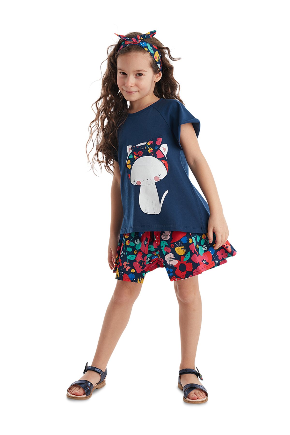 Denokids-Set tricou și pantaloni scurți din poplin pentru fetiță bleumarin - guler floral pentru pisici 1