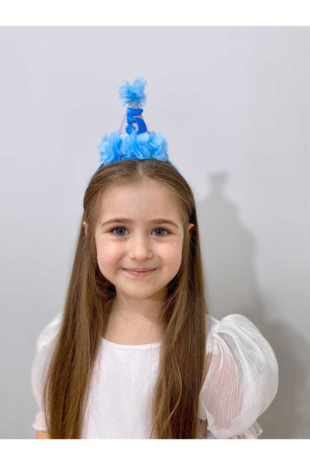 Trac-Glitter Funnel Elsa Blue Tulle Floral Fabric Covered Birthday Crown - Choose Age 3