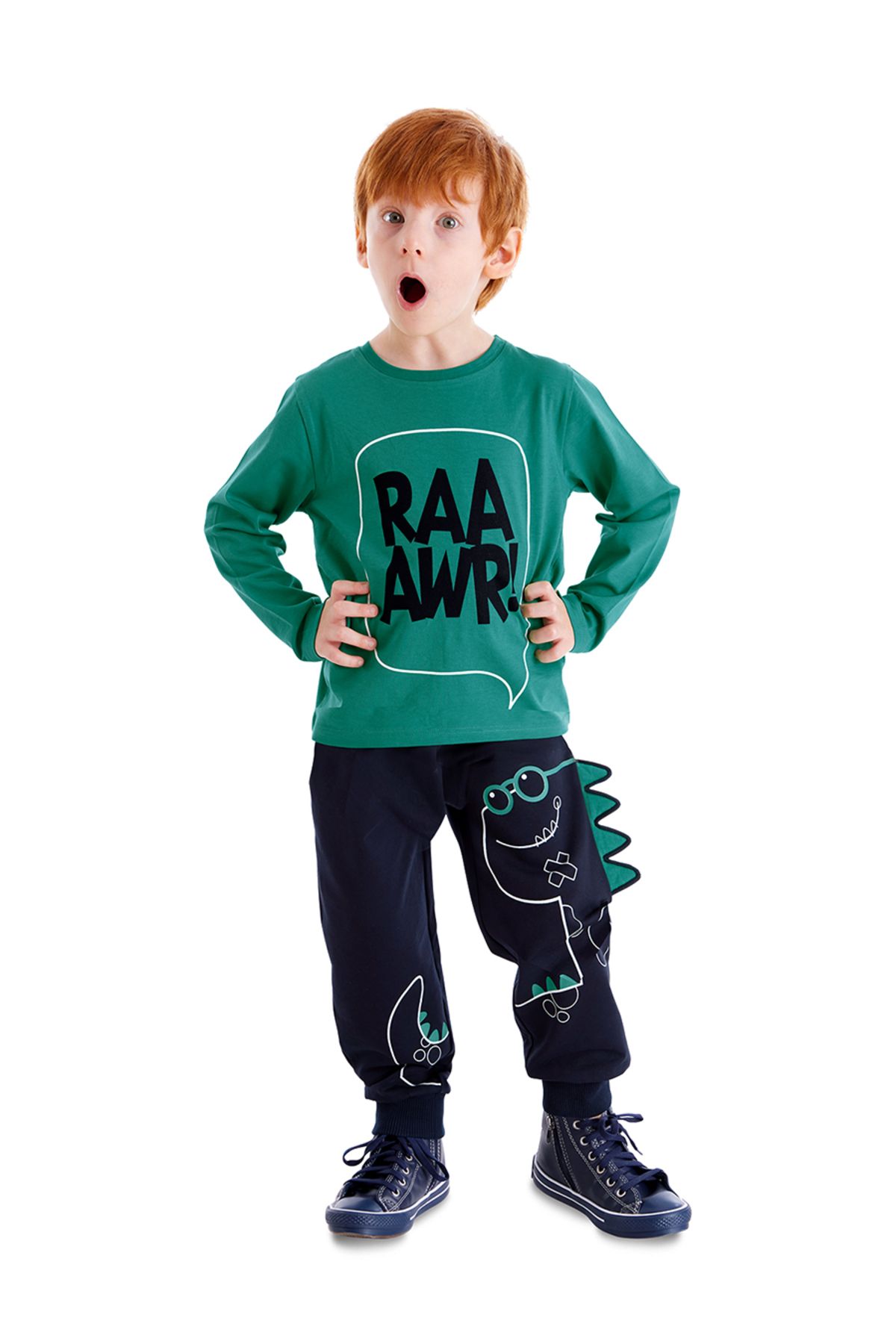 Denokids Tırtırlı Dino Erkek Çocuk Kışlık T-shirt Pantolon Takım