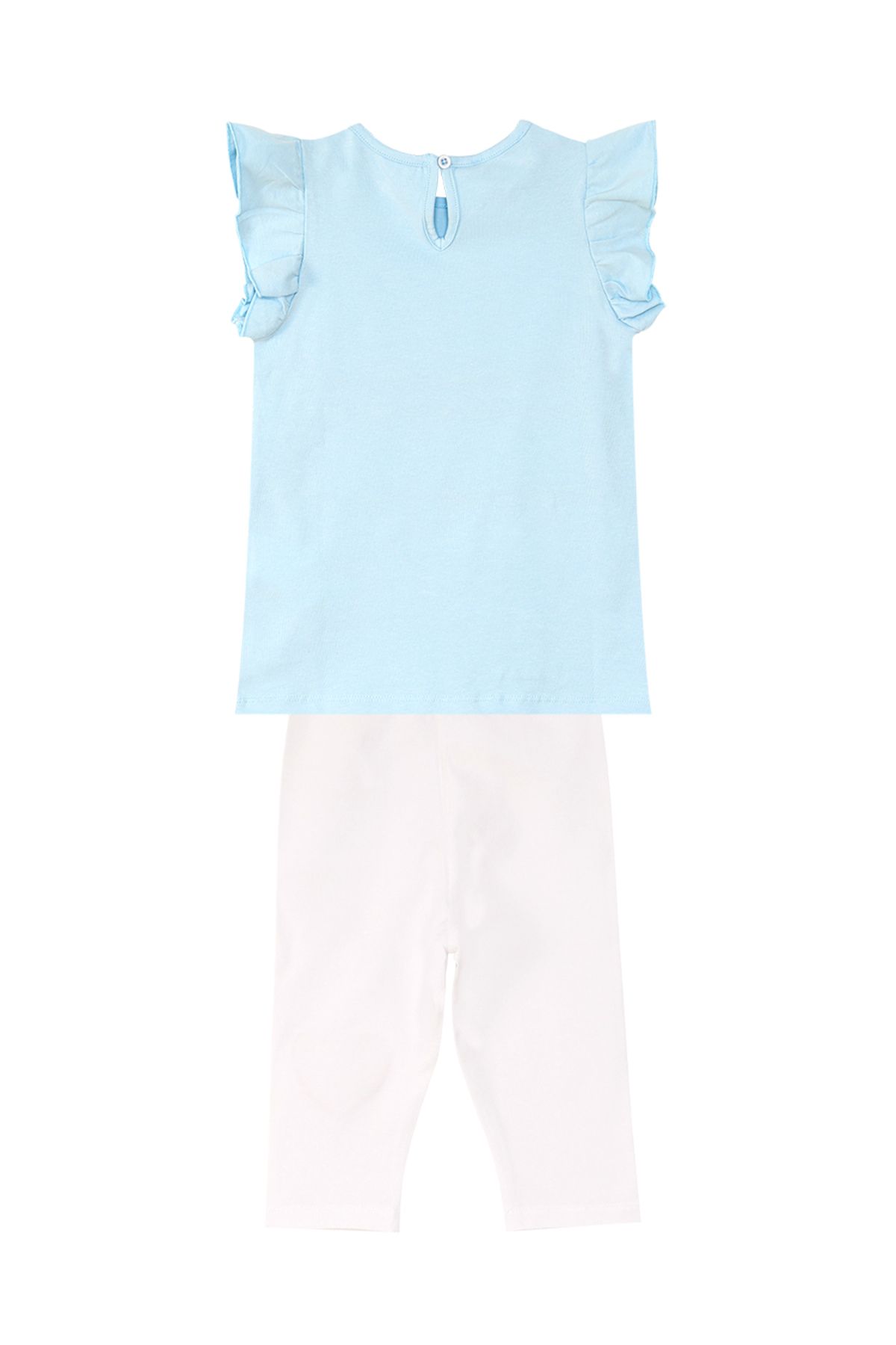 Denokids-Blue and White Summer T-shirt and Leggings Set for Girls - with Cat and Pocket Detail 4