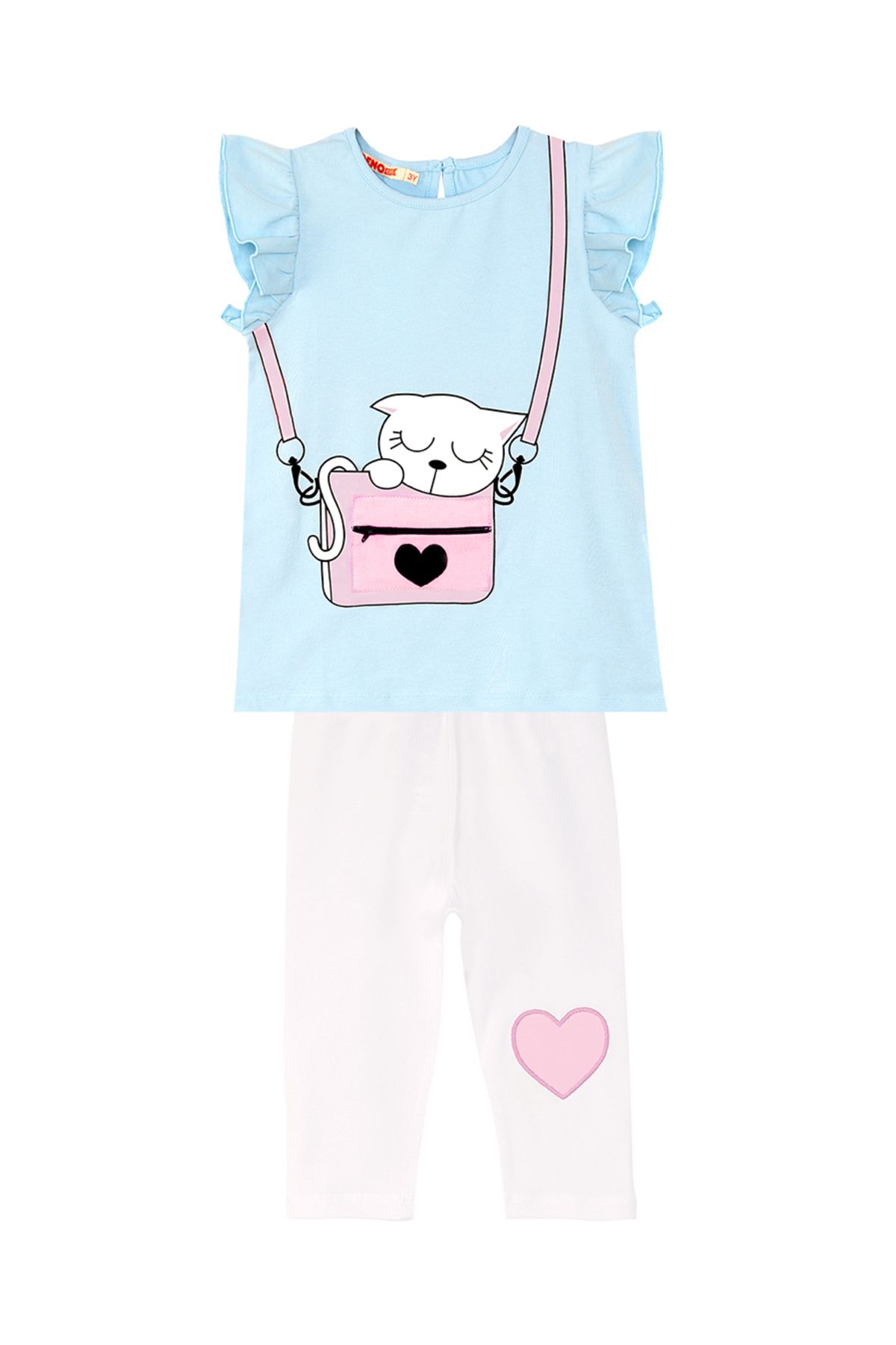 Denokids-Blue and White Summer T-shirt and Leggings Set for Girls - with Cat and Pocket Detail 3