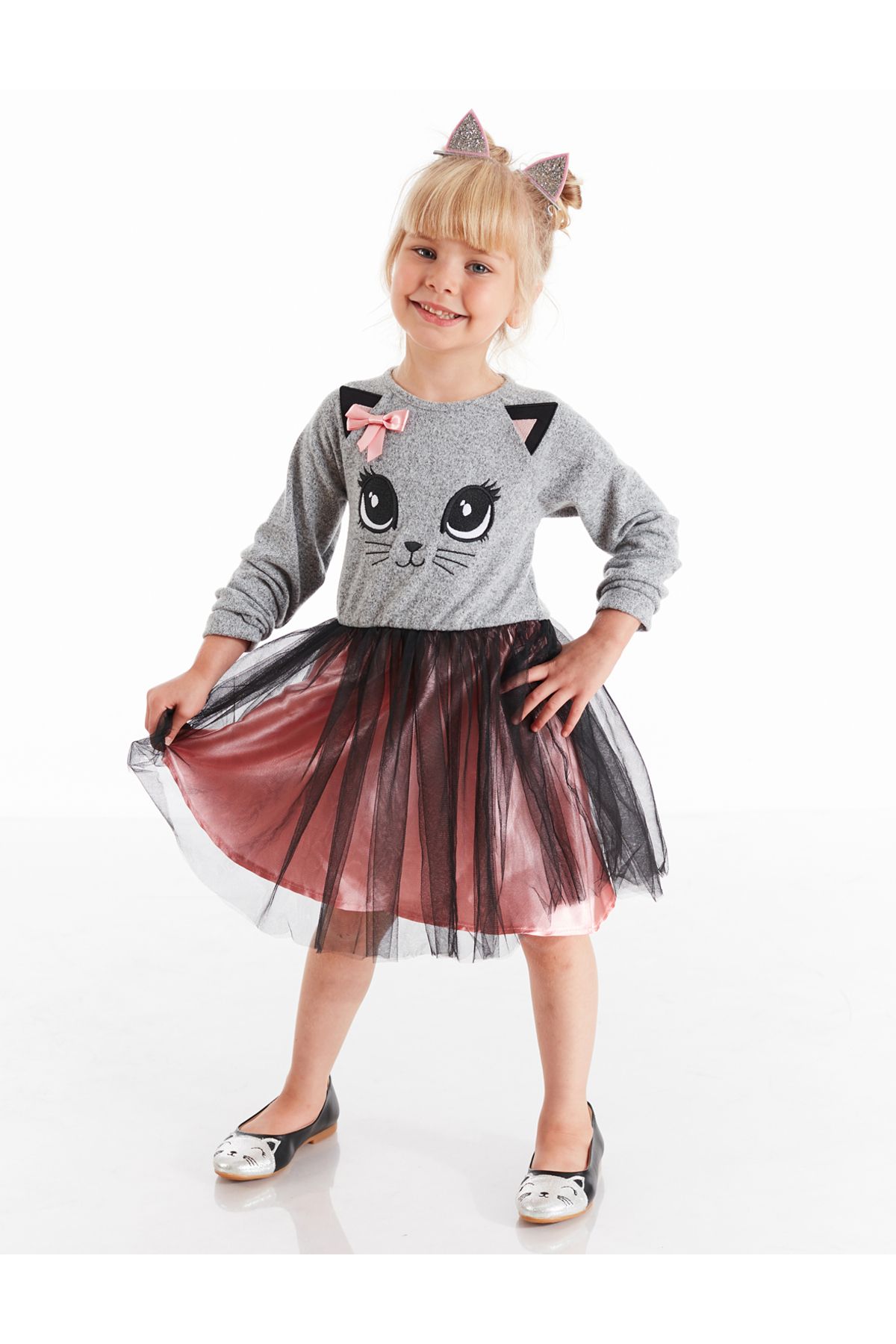 Denokids-Graues flauschiges Tutu-Kleid aus Tüll mit langen Ärmeln für Mädchen 1