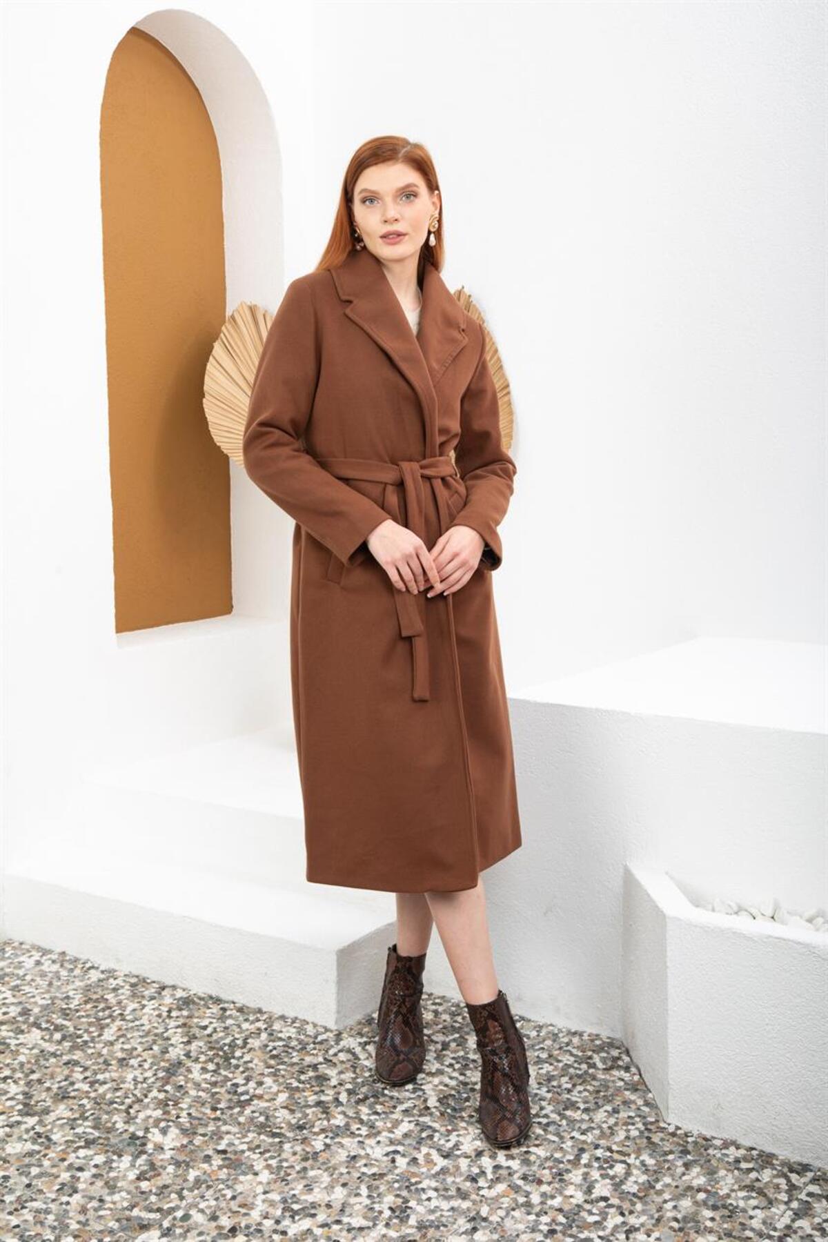 Livanomi  Kahverengi Kemerli Palto - Görsel 5
