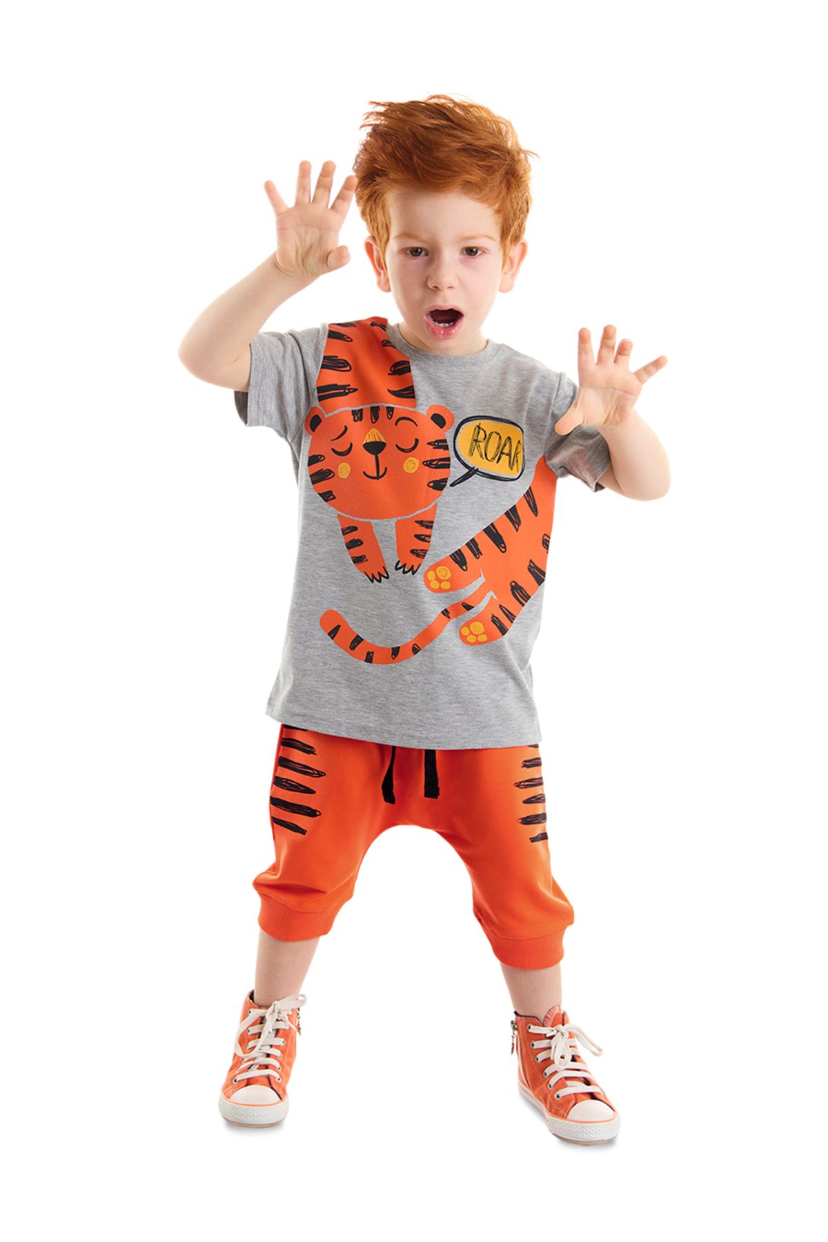 Denokids Roar Kaplan Turuncu Erkek Çocuk Yazlık T-shirt Kapri Şort Takım