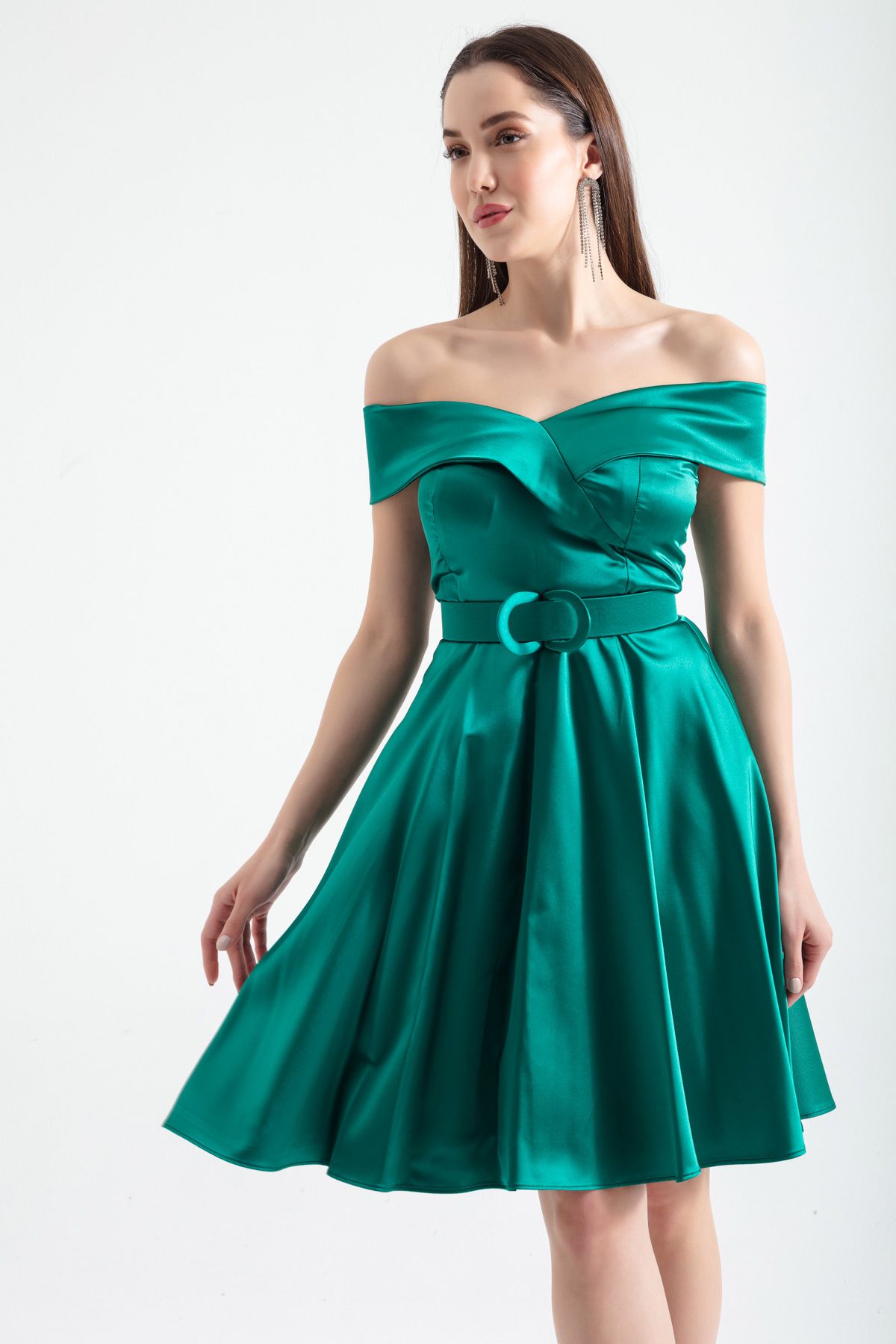 Lafaba-Women's Emerald Green Boat Neck Belted Satin Evening Dress 4