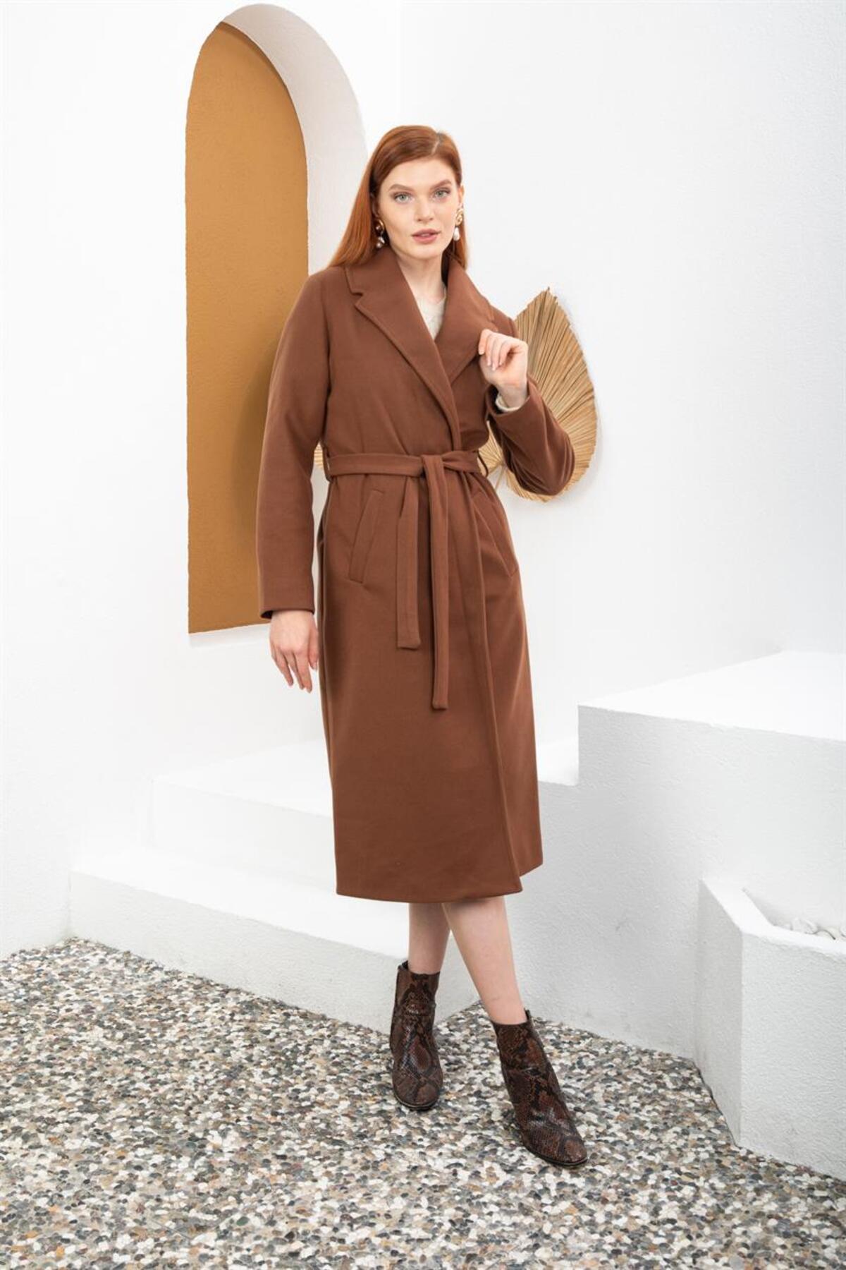 Livanomi  Kahverengi Kemerli Palto - Görsel 6