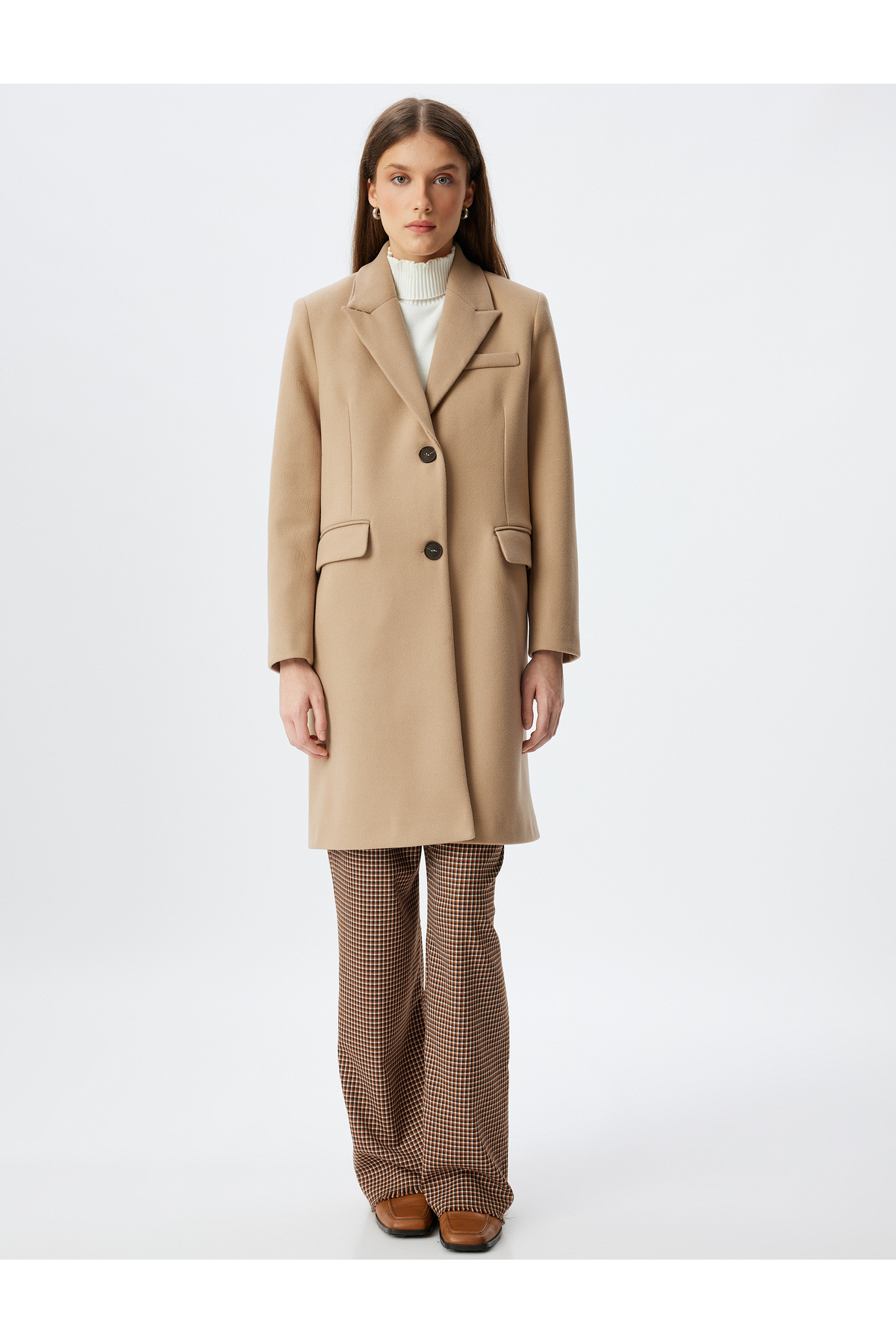 Koton  Uzun Kruvaze Kaşe Kaban Düğmeli Cepli - Görsel 3