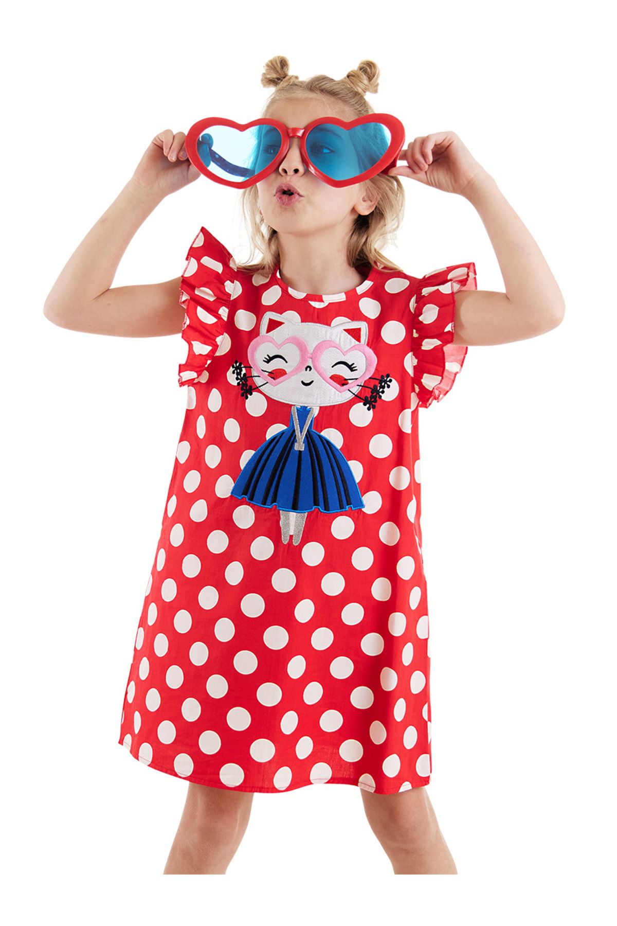 Denokids-Sommerkleid mit Katzen-Punktmuster für Mädchen - rote Popeline 1