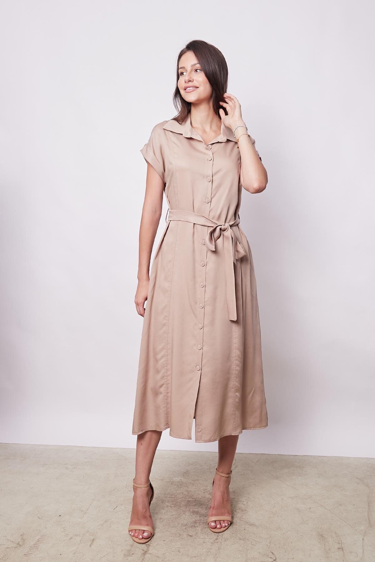 Jument-Rochie midi 100% iocell, lungime ceai, cu umăr dezactivat, mâneci duble și șireturi - Decolteu elegant din material textil-Came 4