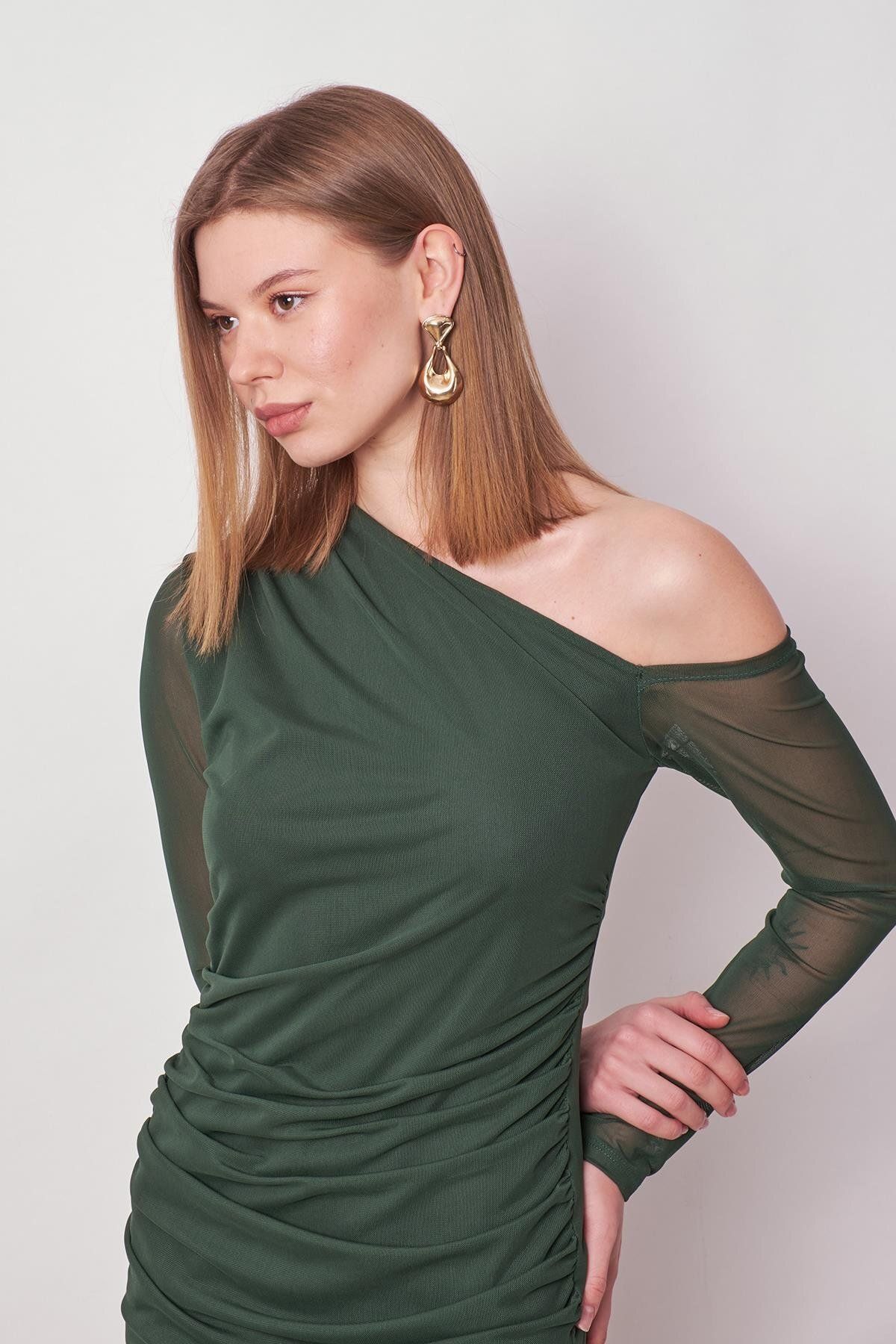 Jument-Rochie de seară cu mânecă lungă, cu mânecă lungă, cu un singur umăr, din tul din lycra, rochie de logodnă-verde închis 5