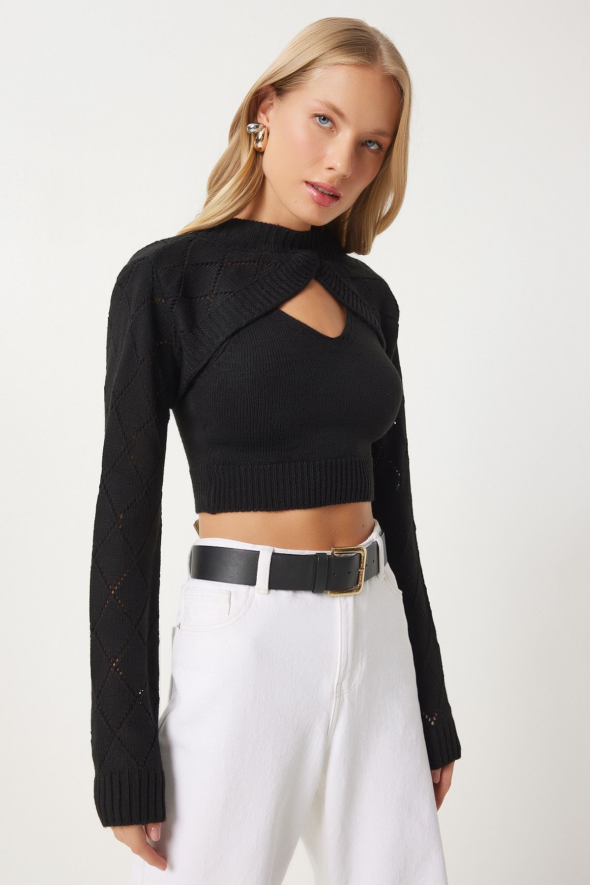 Happiness İstanbul-Schwarzes Rollkragen-Crop-Strick-Tanktop-Set – MT00153 4