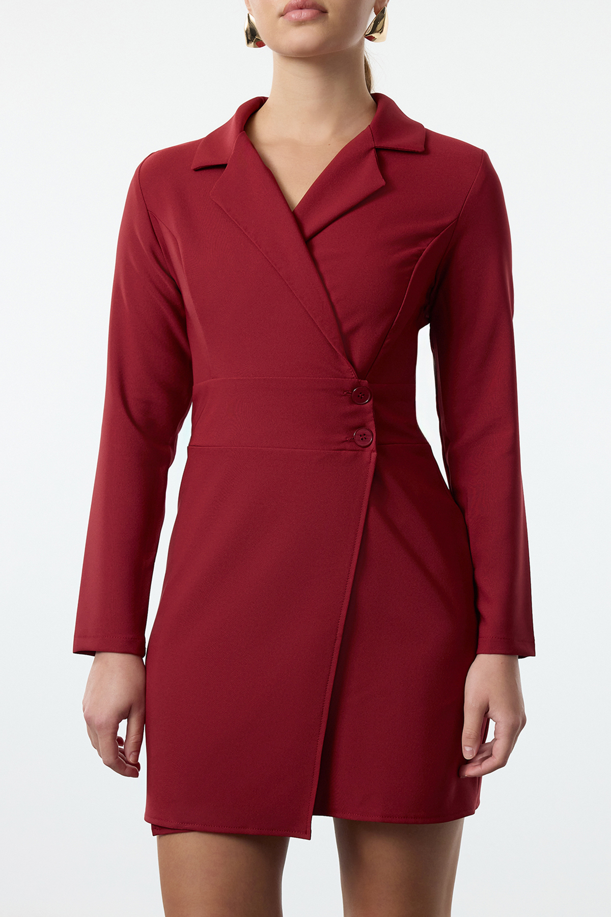 Trendyol Collection Ciemnobordowa mini sukienka z tkanego materiału z ozdobnymi guzikami TWOAW24EL00462