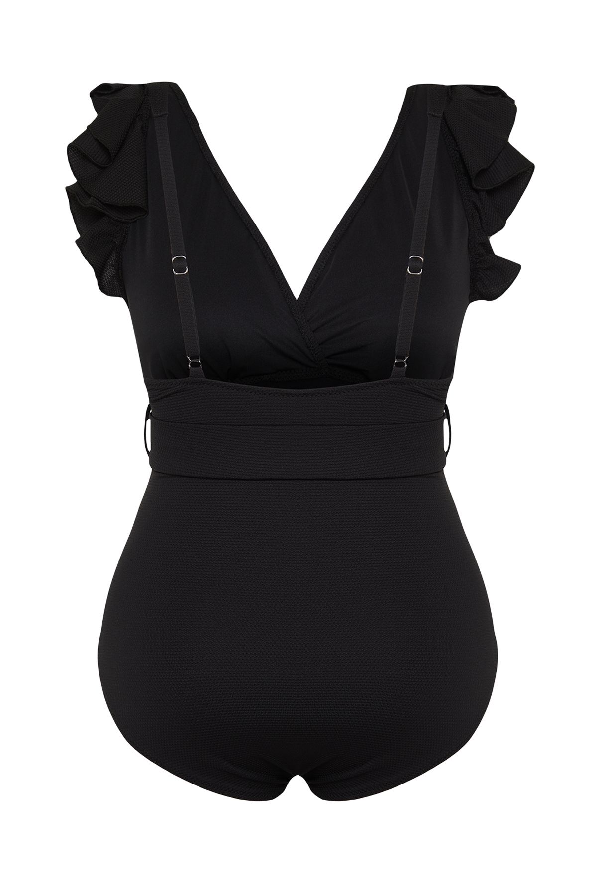 Trendyol Curve-Black Deep V Belted Knitted Plus Size Swimsuit with Recovery Effect Tbbss24Am00015 8