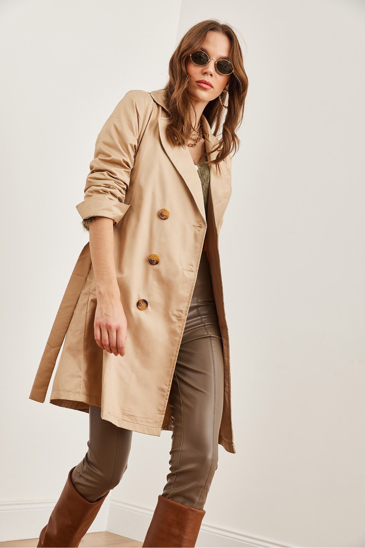 Olalook-Beige Thin Trench Coat - Buttoned and Pocketed, Unlined, Trc- 00000008 5