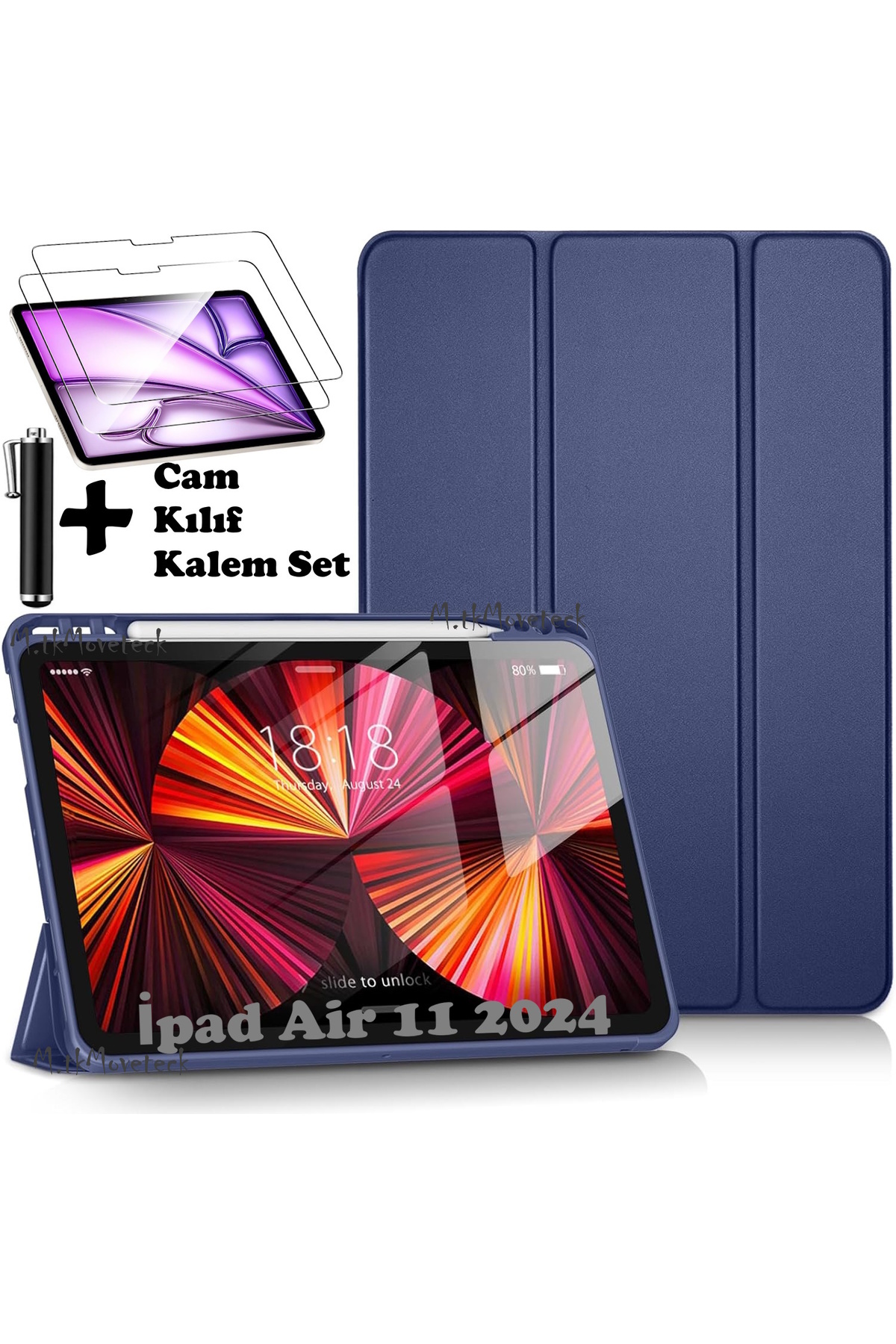 IPad Air 11 2024 Compatible Case Smart Smart Sleep Mode Pen Set with Compartment Color Stand + Glass + Pen Set