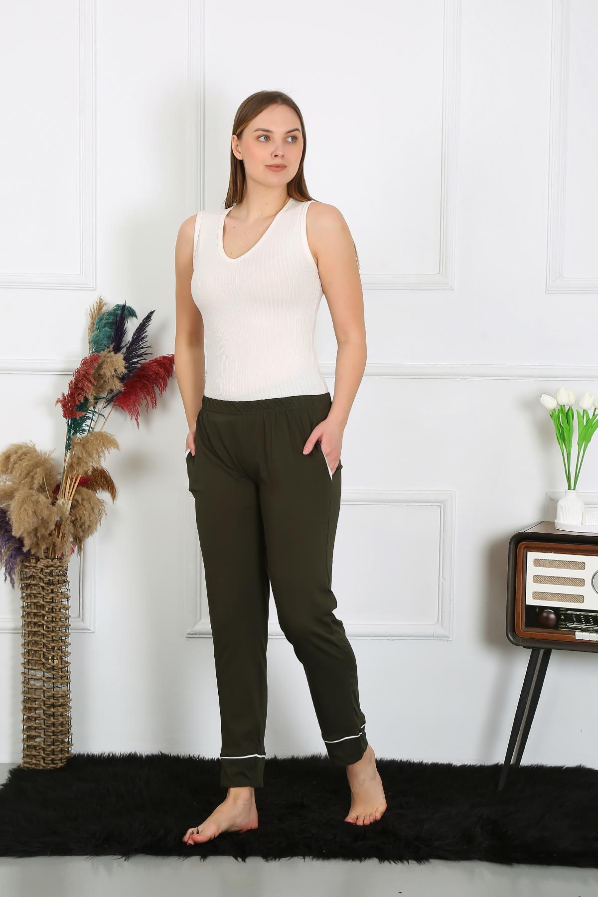 Akbeniz-Khaki Women's Pajamas - Cotton Combed, Pocketed, Single Bottom 27512 2