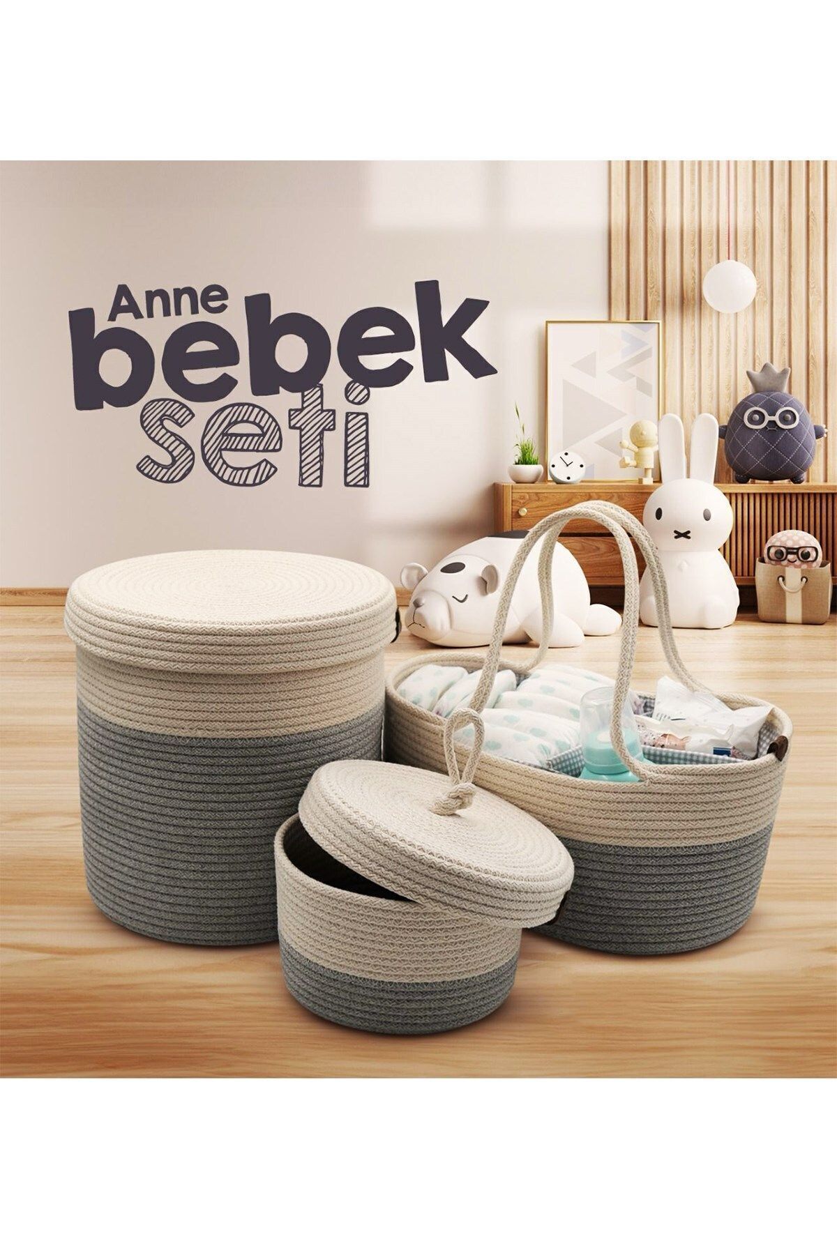 JASPER Jüt İp Hasır Gri Anne Bebek Bakım Çantası Anne Bebek Set Organizeri fotoğrafı 4 (önizleme)