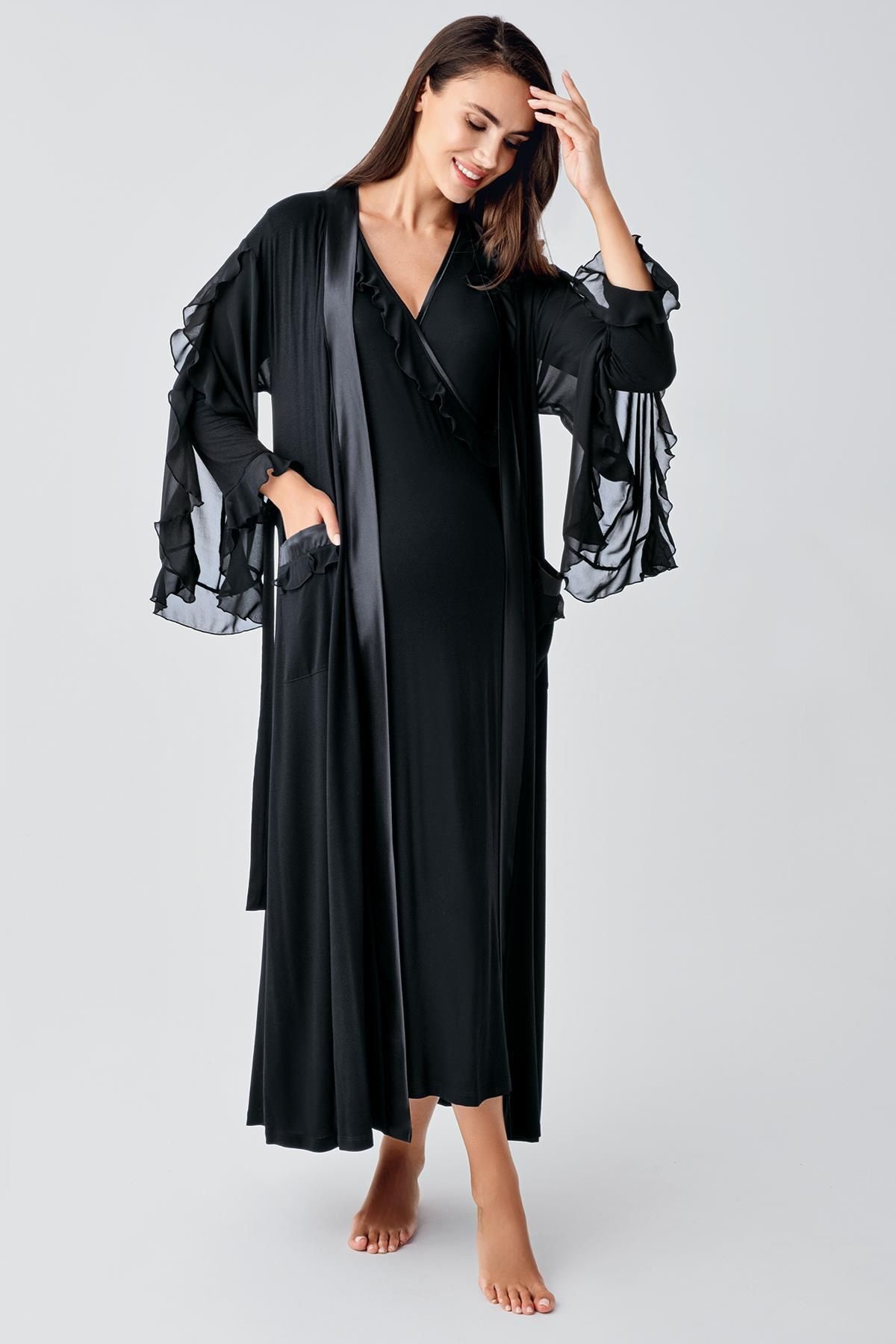 Stretchy Viscose Maternity Nightgown Set with Long Chiffon Sleeves