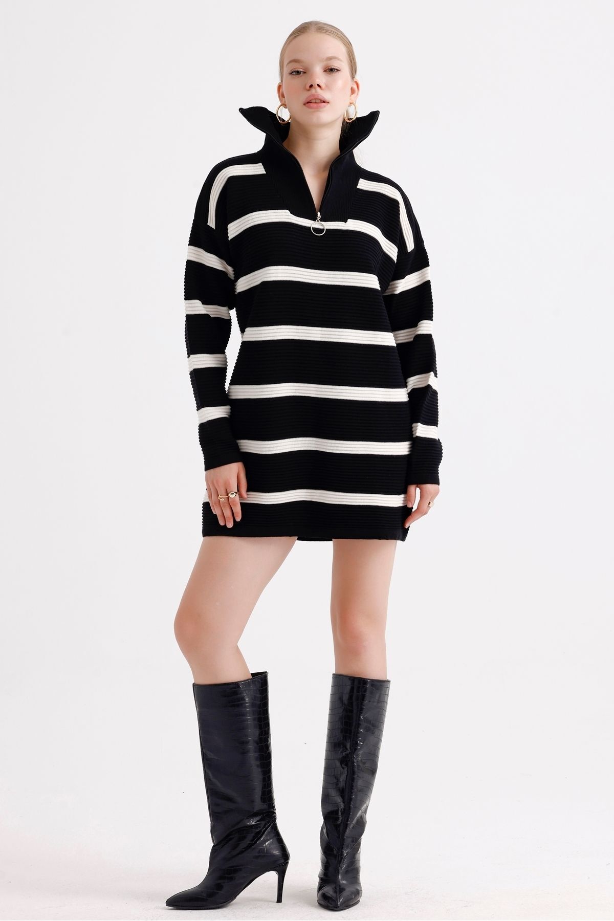 MD trend-Patterned Oversize Striped Knitwear Tunic - Zippered Collar Women's Dress 5