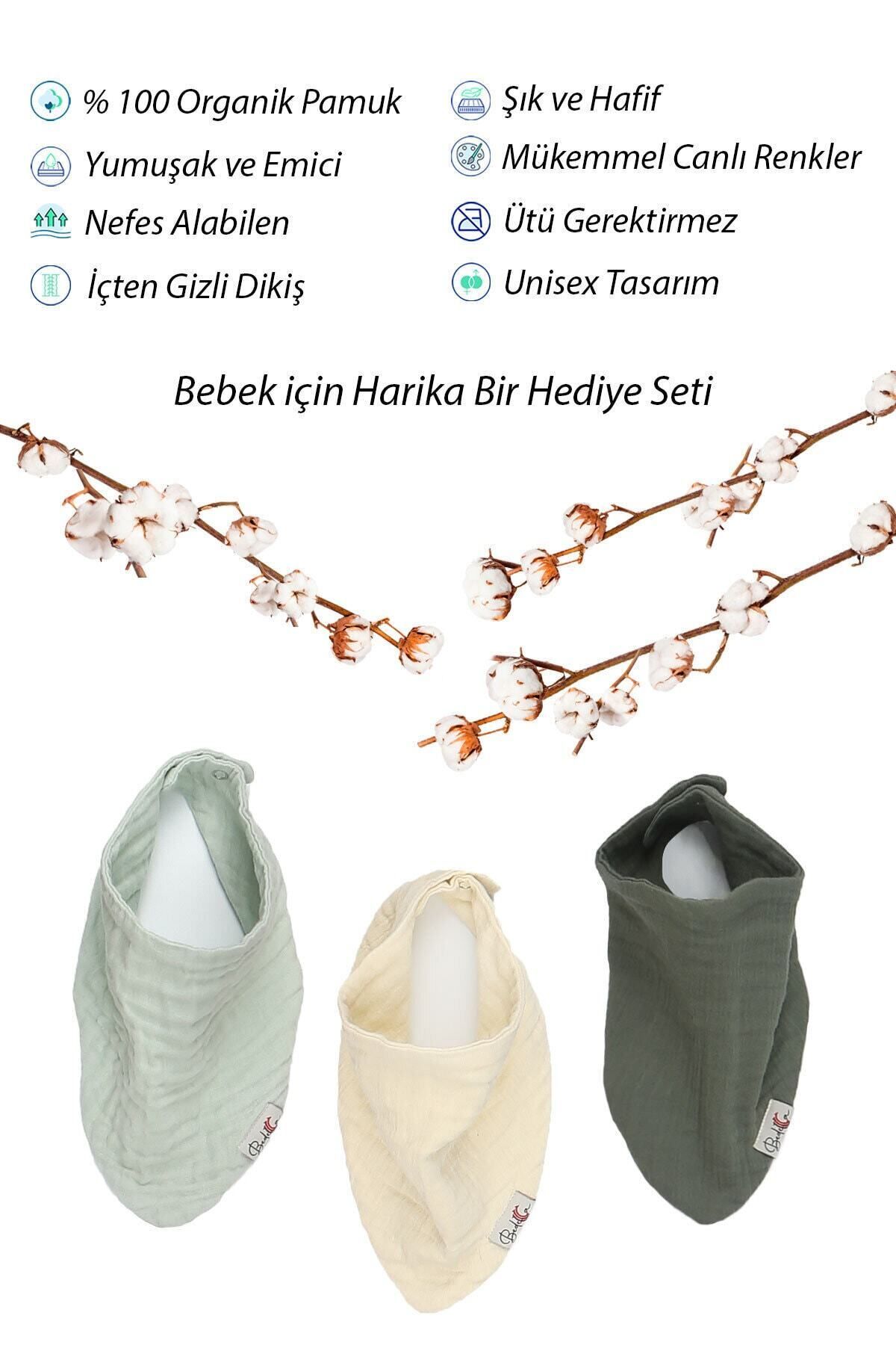 Bedeca 3'lü %100 Organik Pamuk Bebek Müslin Önlük - Kız Erkek Bebek Salya Ve Mama Önlüğü, Fular, Yakalık fotoğrafı 4 (önizleme)