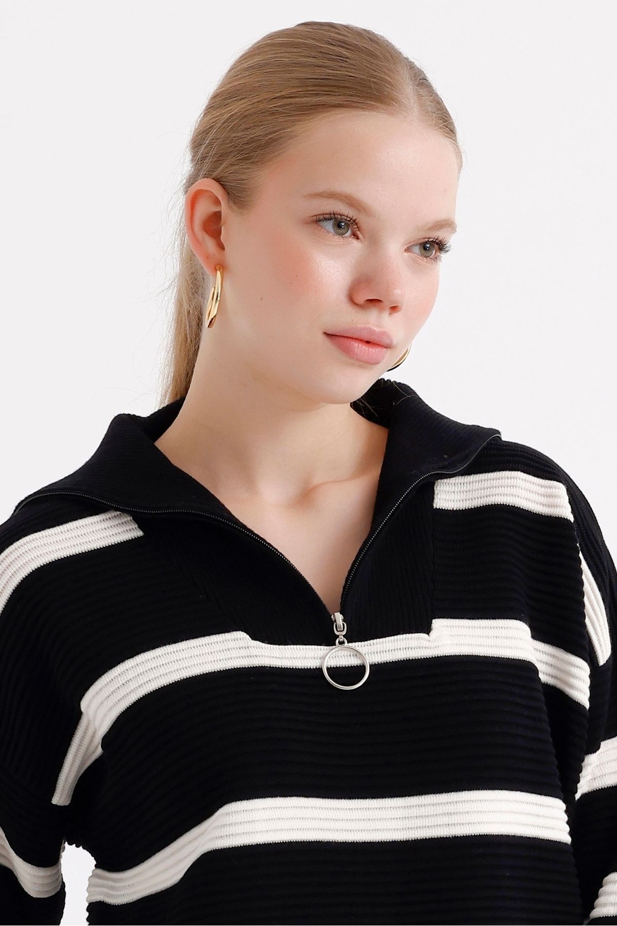MD trend-Patterned Oversize Striped Knitwear Tunic - Zippered Collar Women's Dress 6