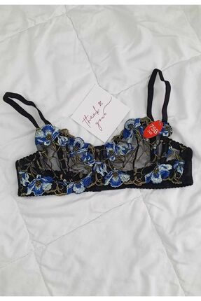 ARONA Mavi Çiçekli Siyah Dantelli Alt-üst 2'li Balenli Bralet Takım