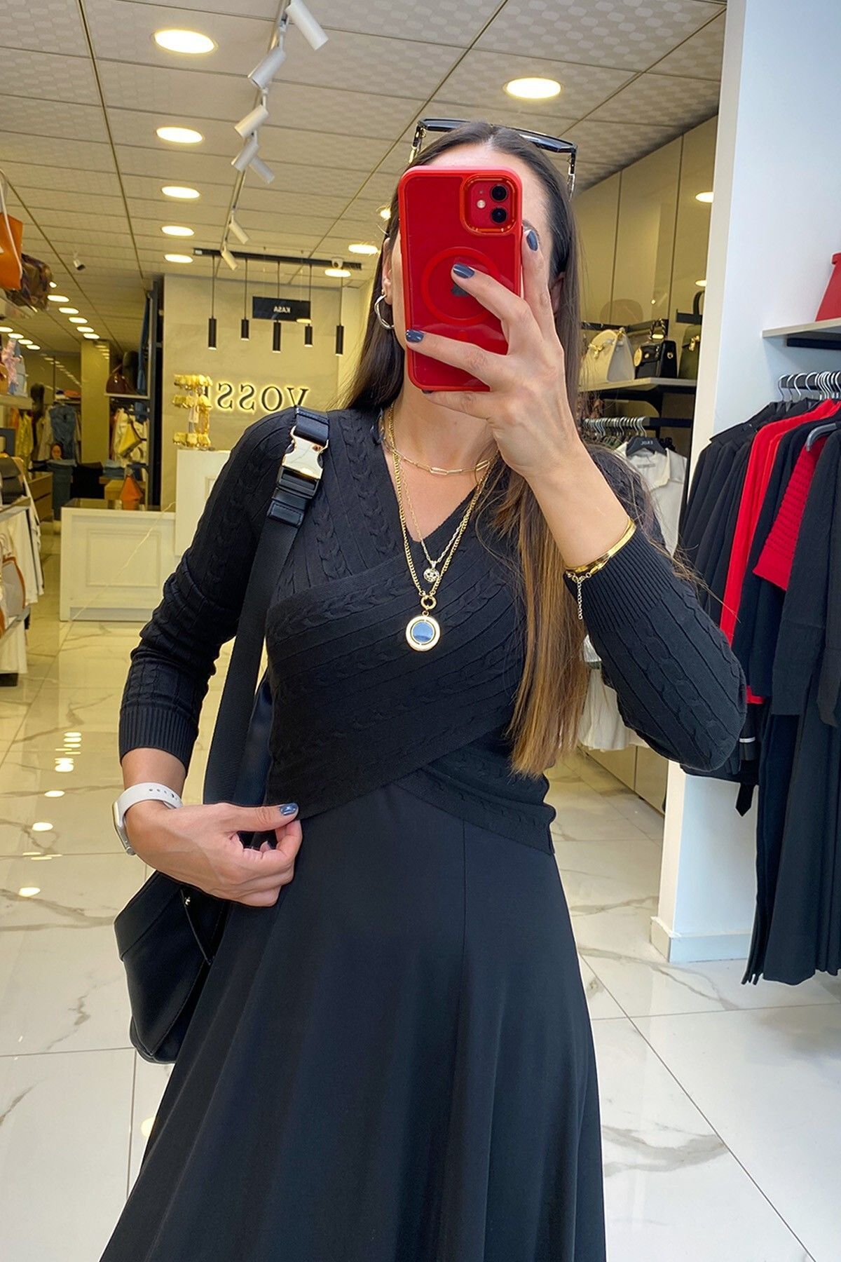 پلیور سیاه زنانه لباس در مد و سفید نیت بافتنی آستین بلند اورجینال Vosse