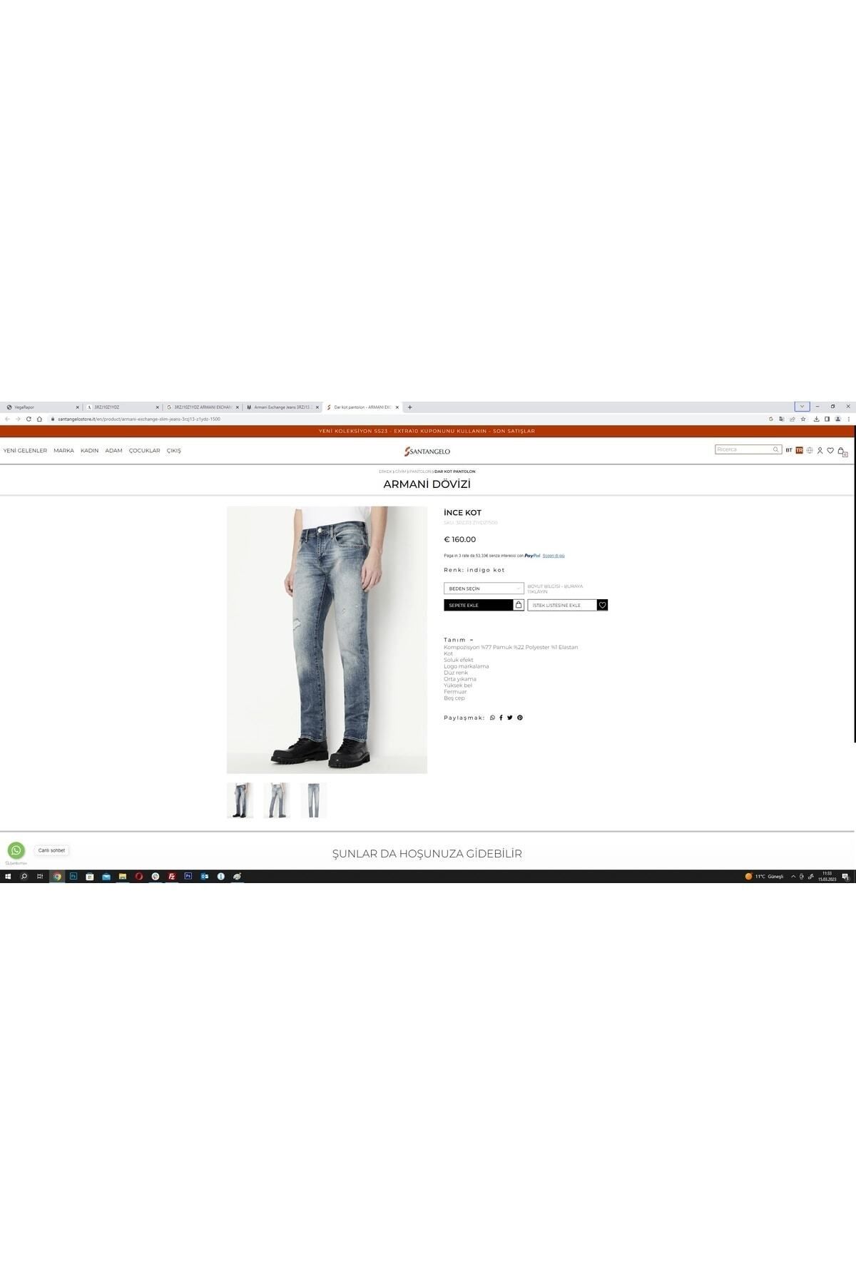 شلوار جین آبی مردانه لوله کمر پنبه ای Slim Fit J10 3rzj10 z1ydz 1500 Armani Exchange